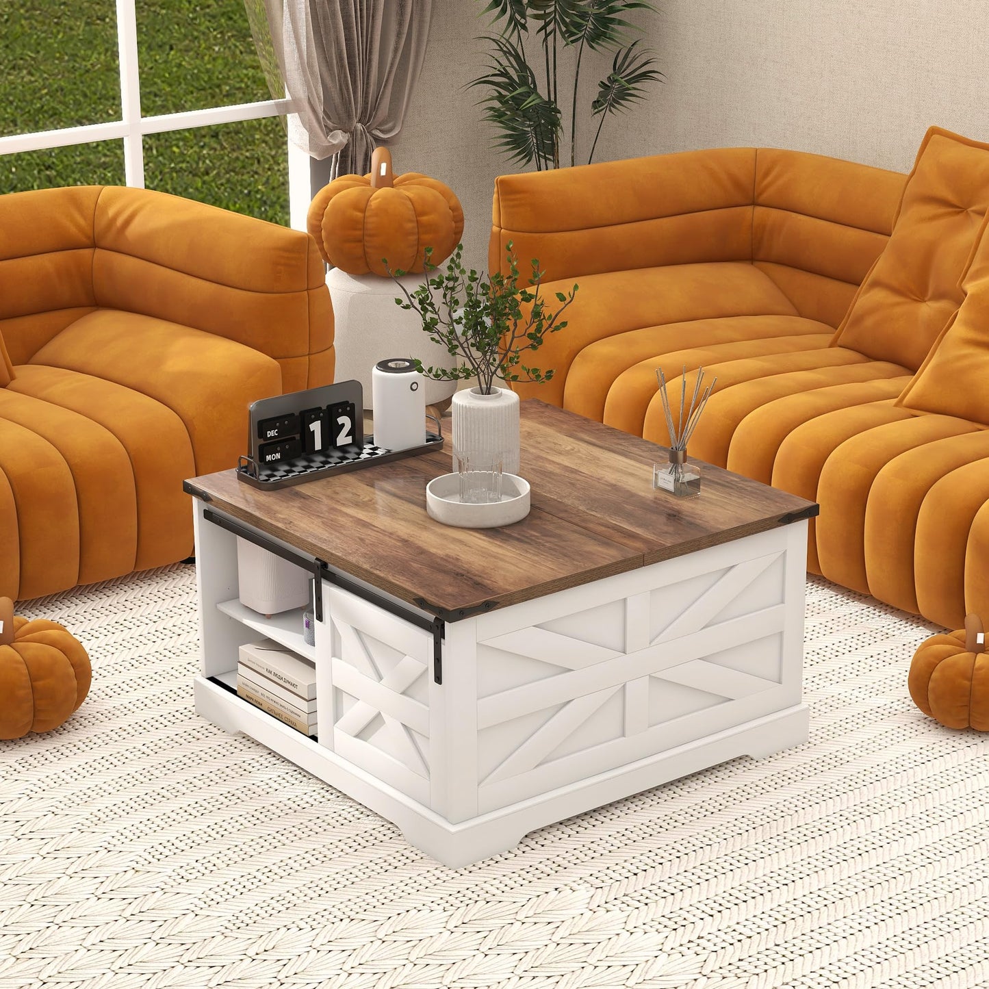 TaoHFE Lift Top Coffee Table with Storage,Rustic White Farmhouse Coffee Table, Square Storage Compartment and Adjustable Shelves Coffee Tables for Living Room (Oak White)