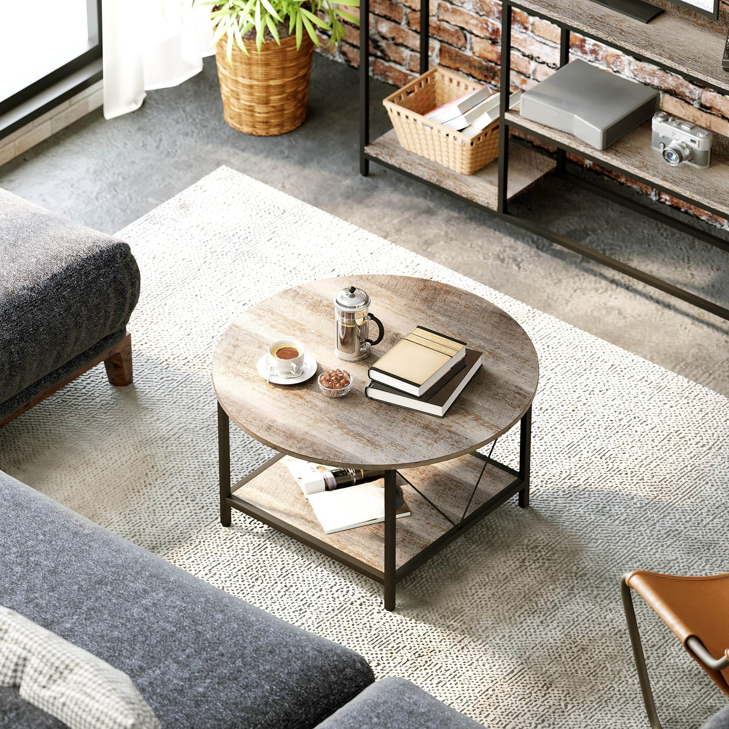 YITAHOME Round Coffee Table, Rustic Wood Coffee Tables for Living Room, Farmhouse Circle Coffee Table with 2-Tier Storage, Center Table with Sturdy Metal Legs Storage Shelf, Grey Wash
