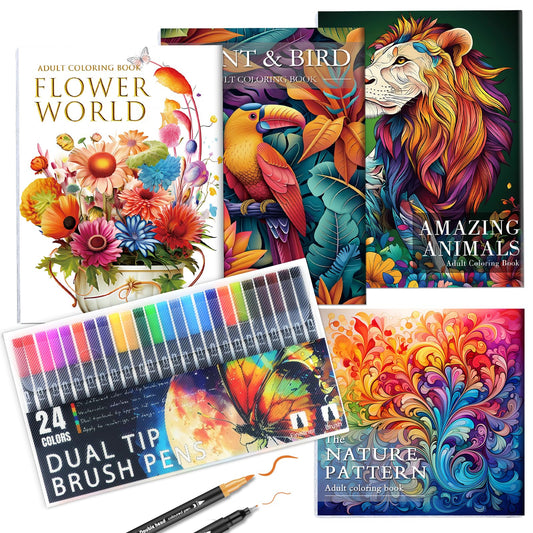 Adult Coloring Book for Adults Relaxation, Stress Relief Coloring Book with 24 Dual Tip Markers, Relaxing Gifts for Women with 128 Patterns Include Animals Flowers Plant Birds Nature Style (4 Pack)