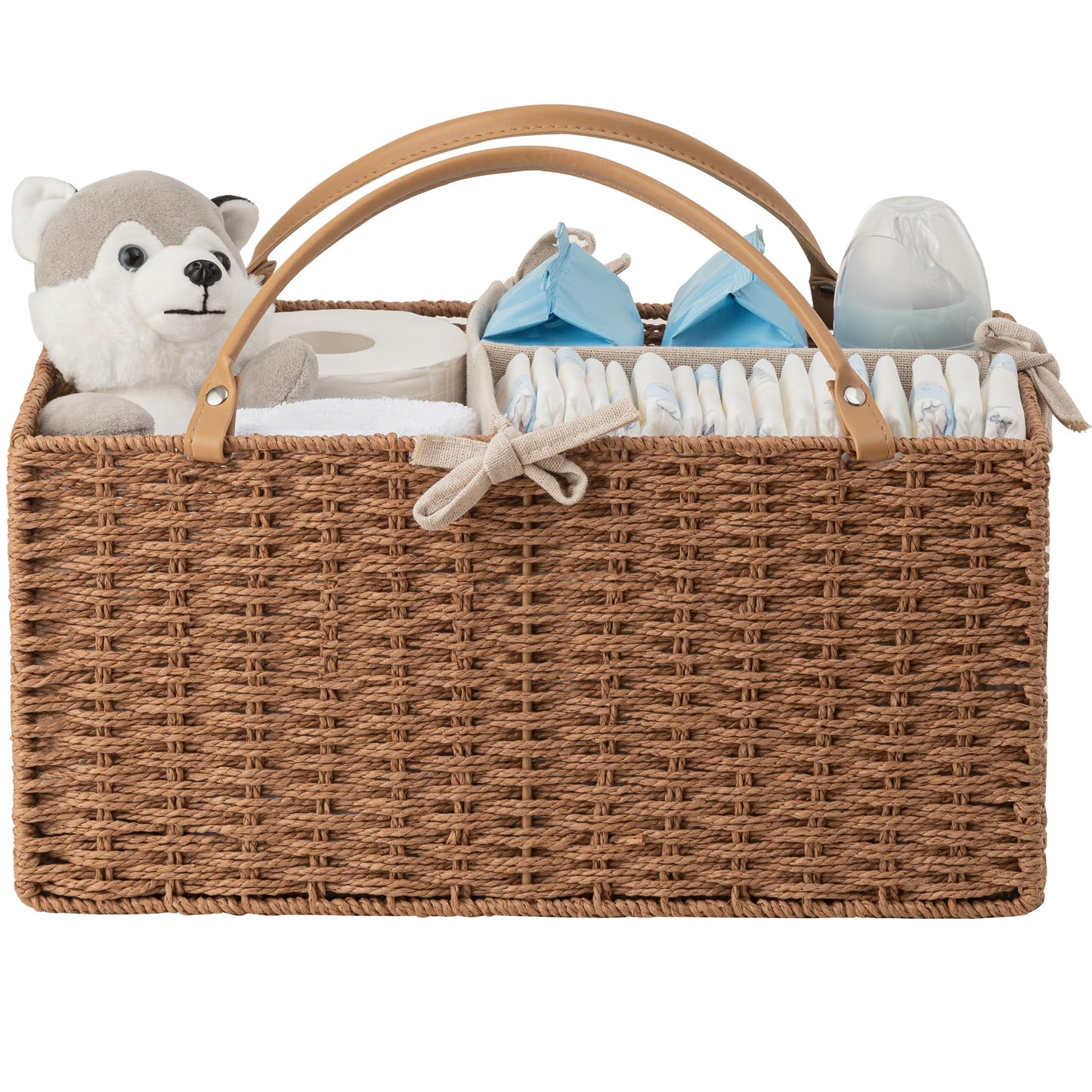 HBlife Large Baby Diaper Caddy Organizer, Paper Rope Storage Baskets Nursery Bin with Removable Divider, Portable Car Organizer for Diapers, Baby Shower Gifts, Newborn Essentials Must Haves