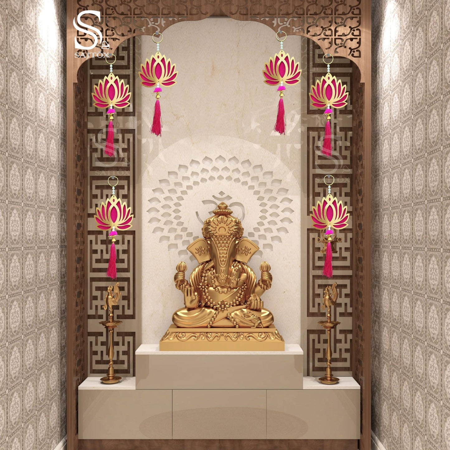 Lotus Hangings for Decoration MDF Floral Wall Hangings for Fastive Decor Temple Pooja Room Gift Ready Packaging (Pack of 6)