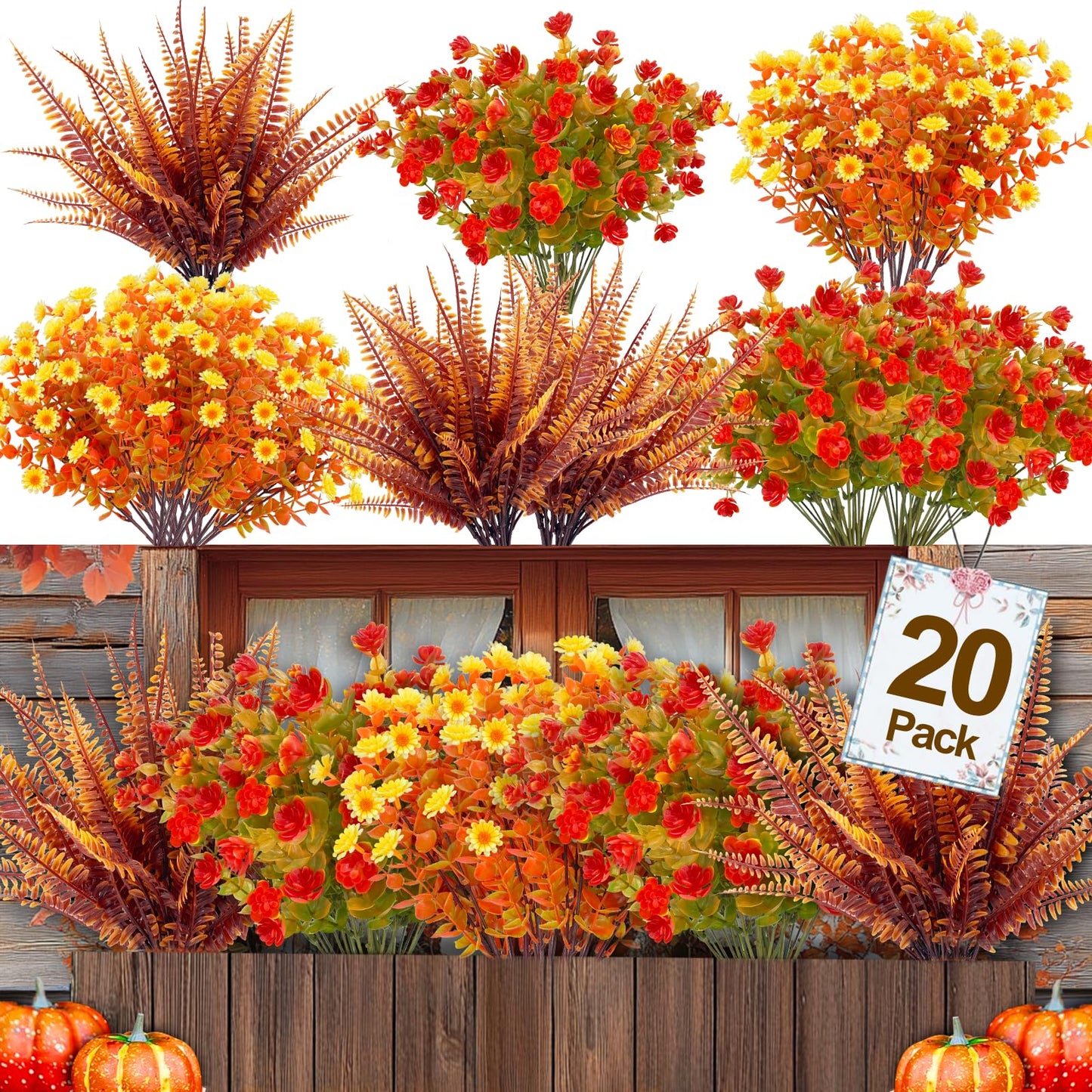TURNMEON 20 Bundles Artificial Fall Flowers Fall Decorations for Home-UV Resistant Fake Mums Artificial Flowers for Outdoors Faux Plant Plastic Flowers Gardens Porch Autumn Thanksgiving Fall Decor