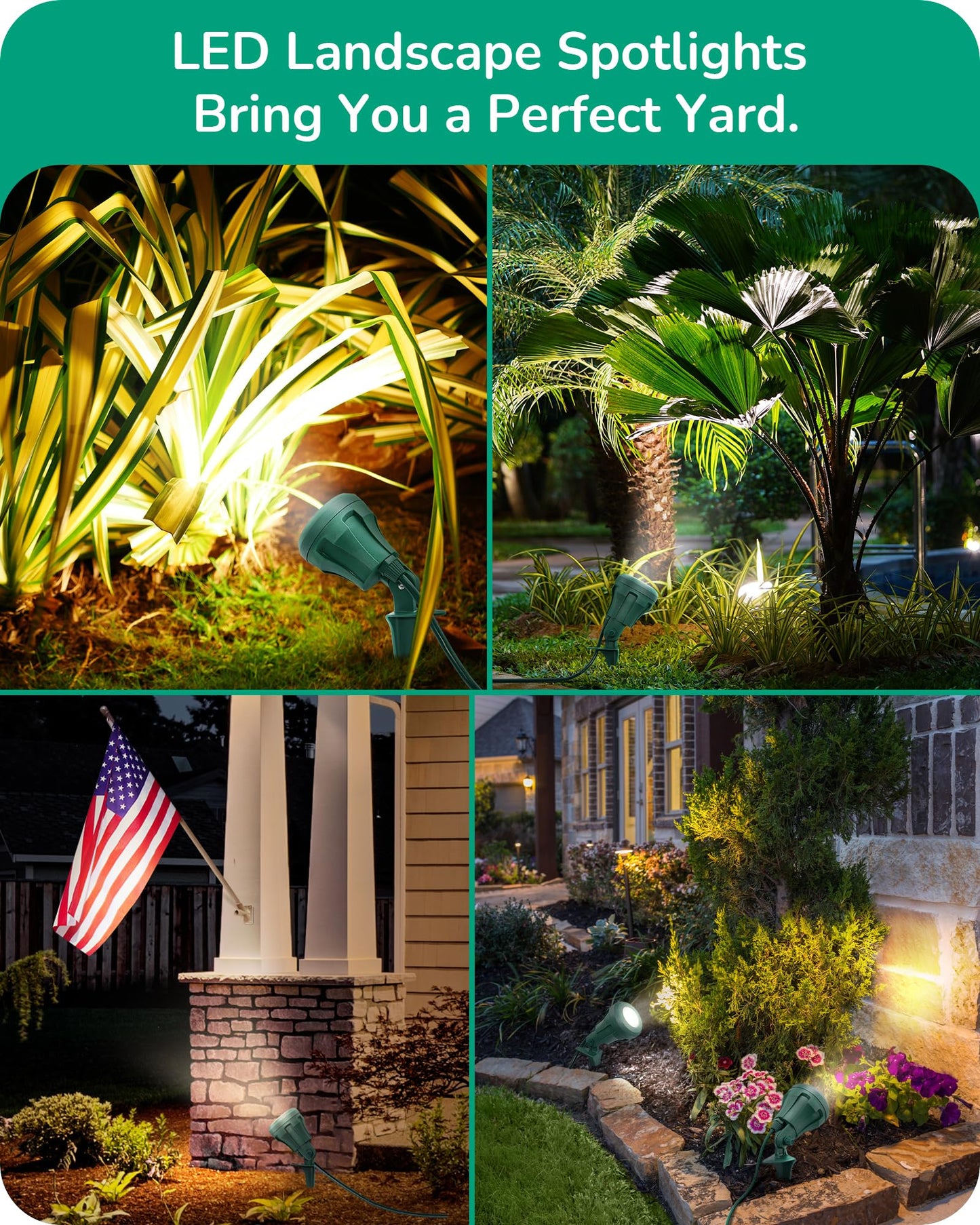 EDISHINE LED Outdoor Spotlights, 120V 4.8W Plug in Spot Light with 3 Lenses (Red Green Yellow), 180° Rotatable, 5000K, Waterproof Landscape Lighting for Flag Tree Garden, 2 Pack