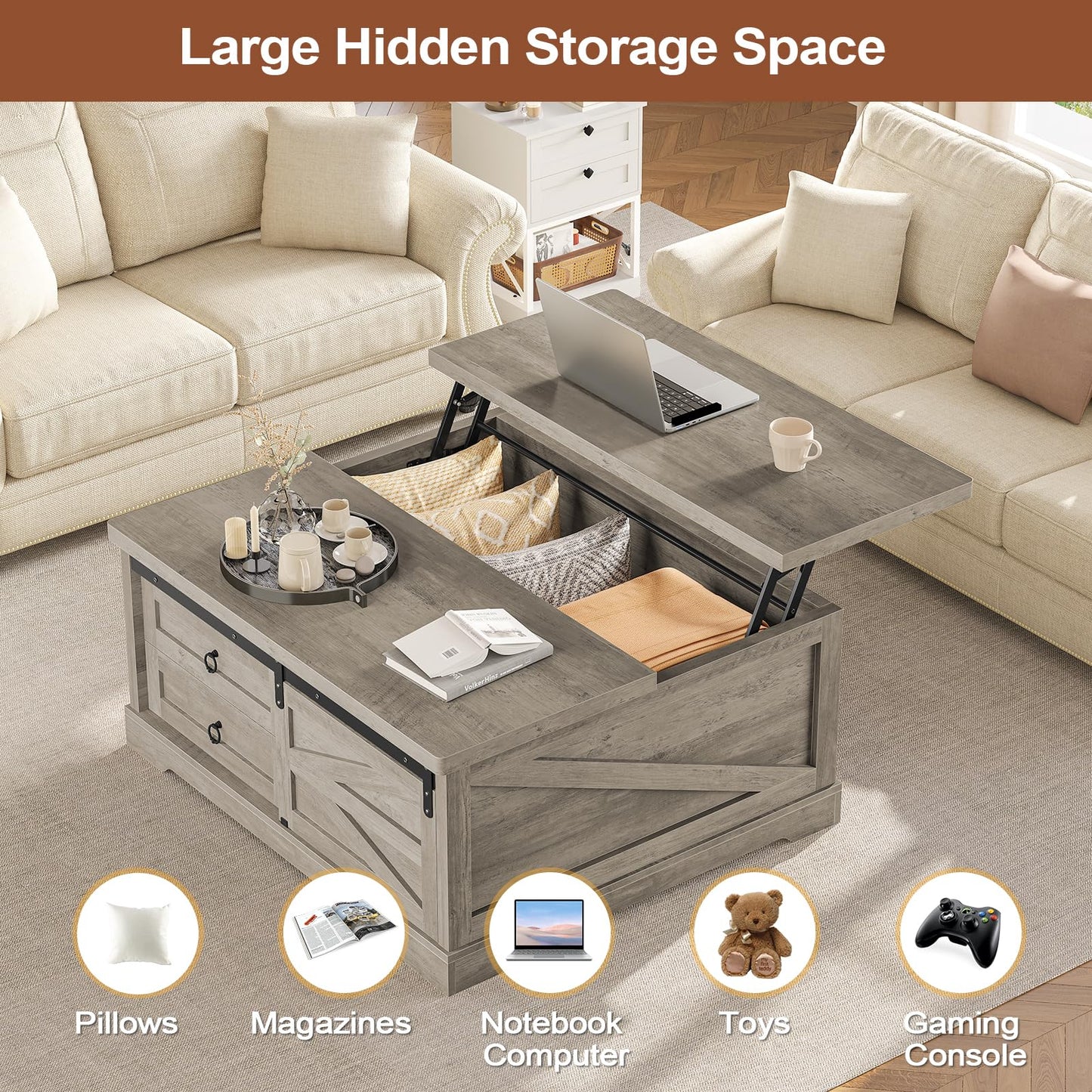 Itaar 39.4'' Lift Top Coffee Table with Storage, Farmhouse Coffee Tables for Living Room, Square Coffee Table with Large Hodden Compartment & 2 Drawrs & Adjustables Shelves (Gray)