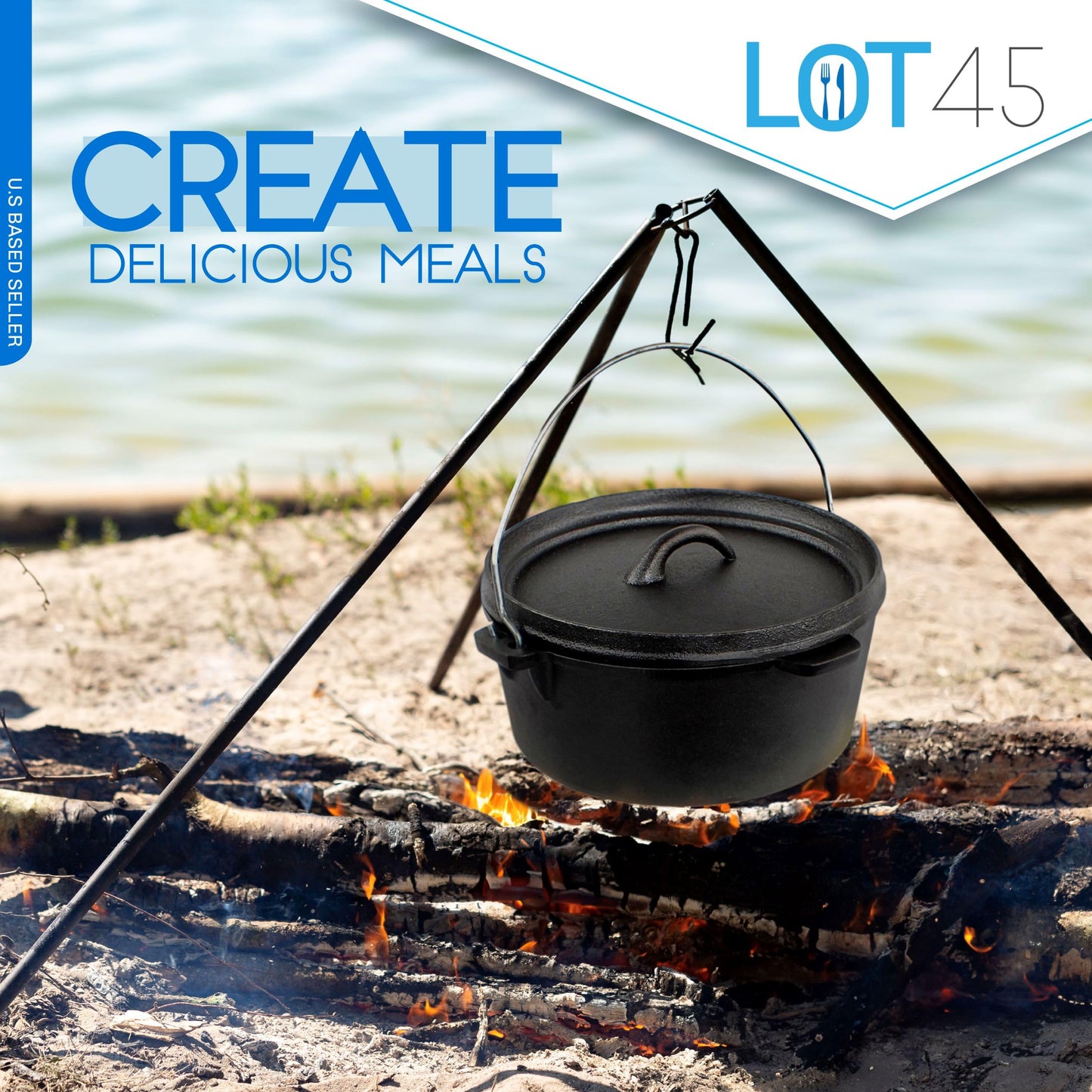 Lot45 Pre-Seasoned Dutch Oven Camping Cooking Set Cookware - Cast Iron Griddle, 4qt Dutch Oven, Griddle Pan, Frying Pan, Pre-Seasoned Cast Iron Camping Cooking Set with Storage