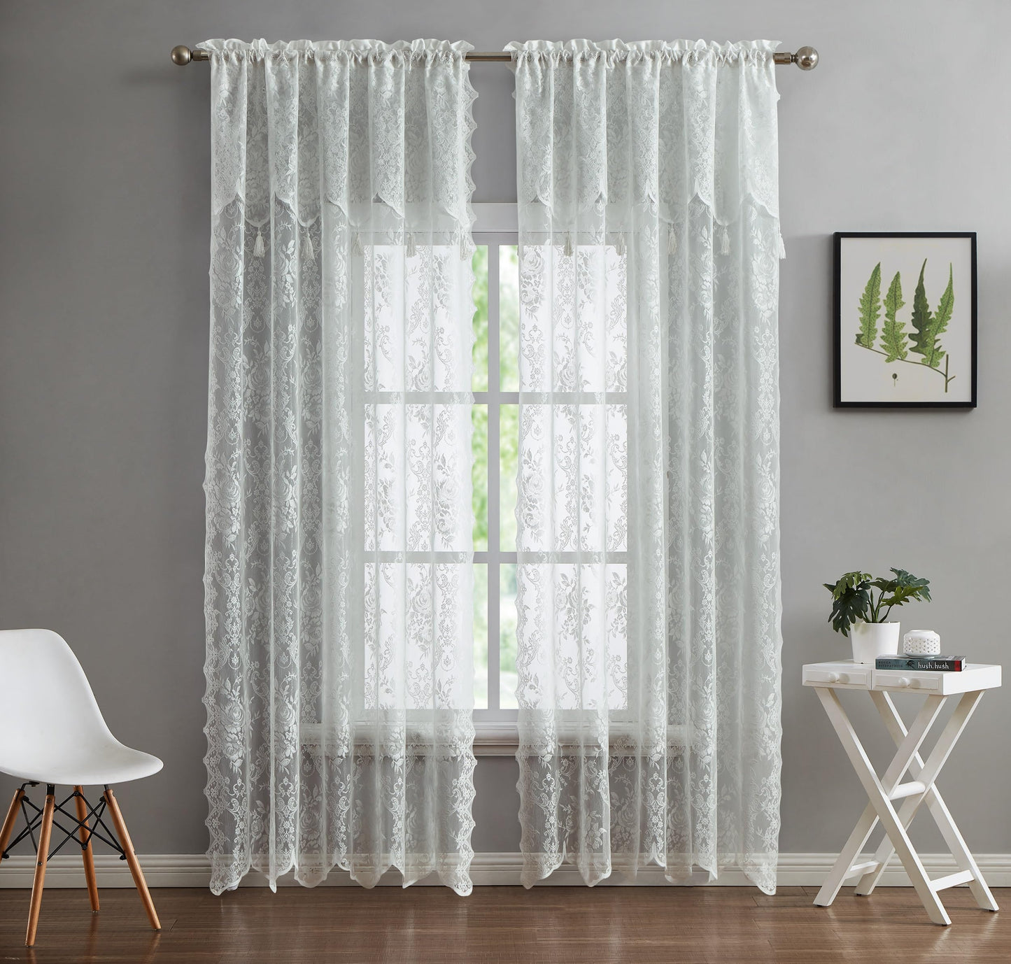 LinenZone Pair of 2 Lace Curtain Panels with Attached Valance and 6 Tassels. Sheer Lace Curtains for Living Room, Dining Room, Bedroom or Kitchen. Classic English Rose Design. (Luna 54 x 63, Ivory)