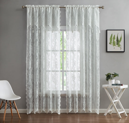 LinenZone Pair of 2 Lace Curtain Panels with Attached Valance and 6 Tassels. Sheer Lace Curtains for Living Room, Dining Room, Bedroom or Kitchen. Classic English Rose Design. (Luna 54 x 63, Ivory)