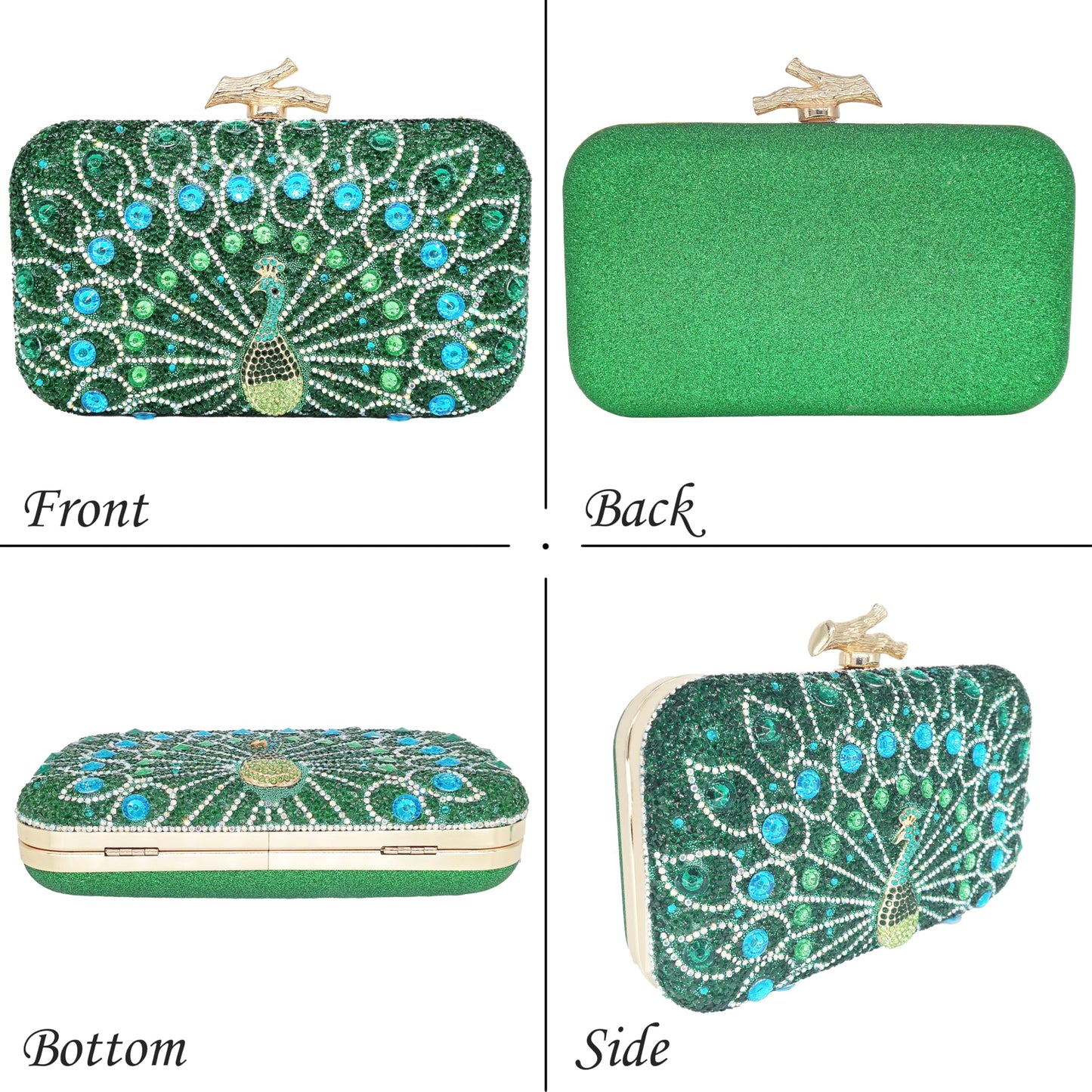 MAIRLOM Rhinestone Clutch Purses for Women Evening Wedding Formal - Round Pearl Clasp Handbag - Crystal Diamond Bag(Square Peacock Green)