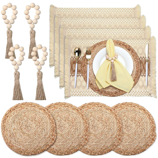 Zhehao 4 Set/12 Pcs Boho Placemats Natural Cotton Burlap and Grass Woven Table Mats Trim Farmhouse Style Placemats with Tassels Wooden Beads Napkin Rings for Table Kitchen