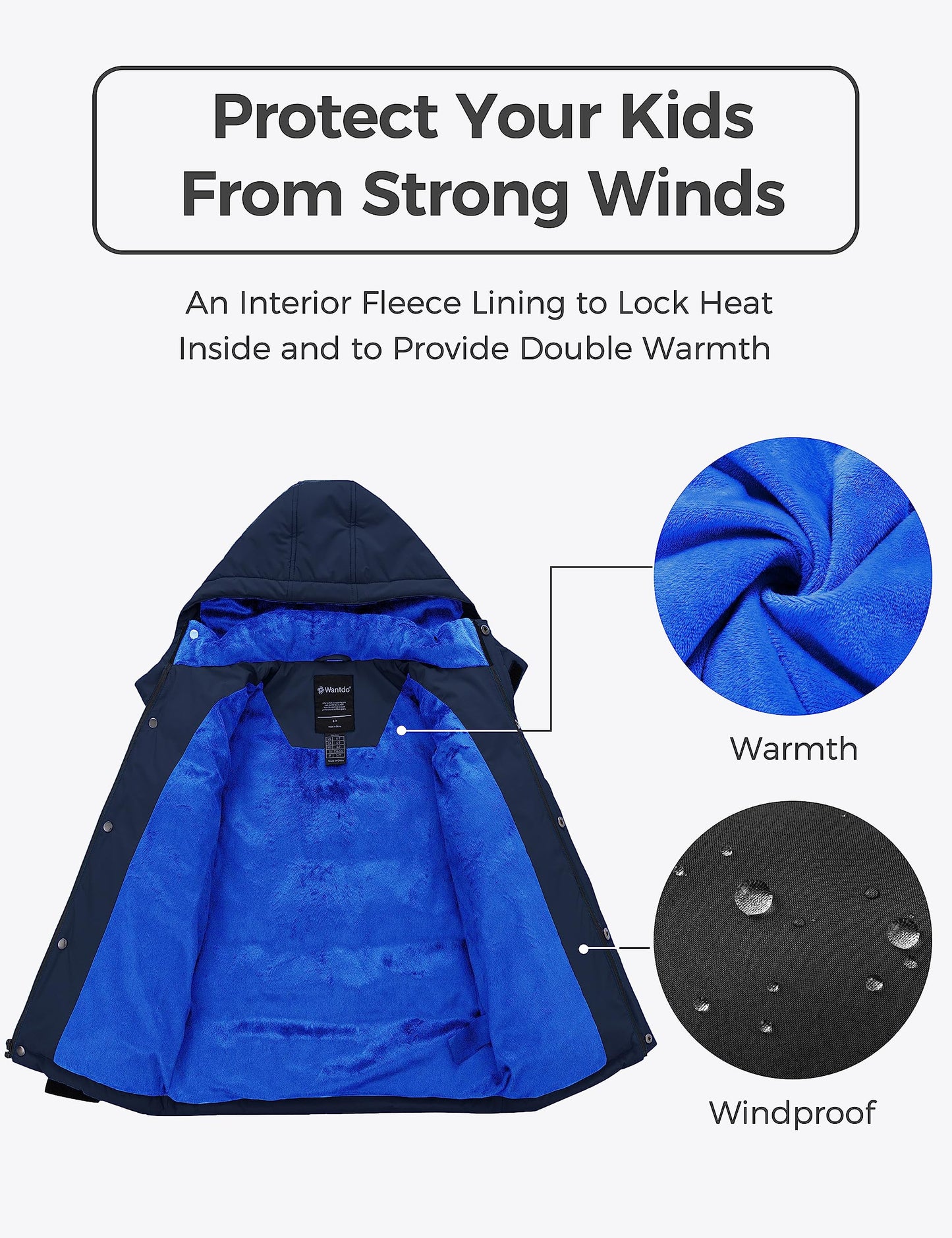 wantdo Boy's Waterproof Winter Coat Fleece Puffer Jacket with Hood Navy Size 6-7
