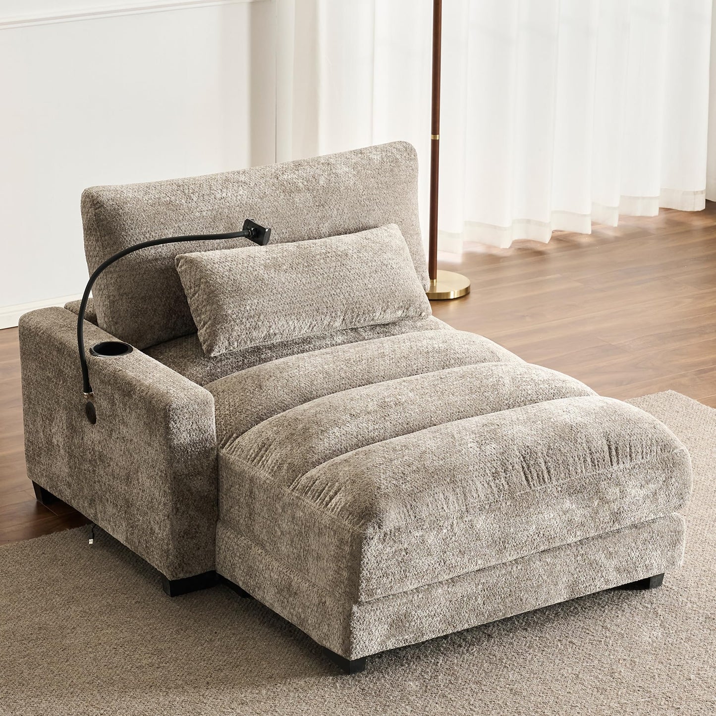 IHDKO Oversized Chaise Lounge Chair Indoor, Comfy Lounge Sleeper Sofa with USB Ports, Cup & Phone Holders, Chenille Cloud Reading Chair Bed for Living Room, Bedroom, Office (Grey)