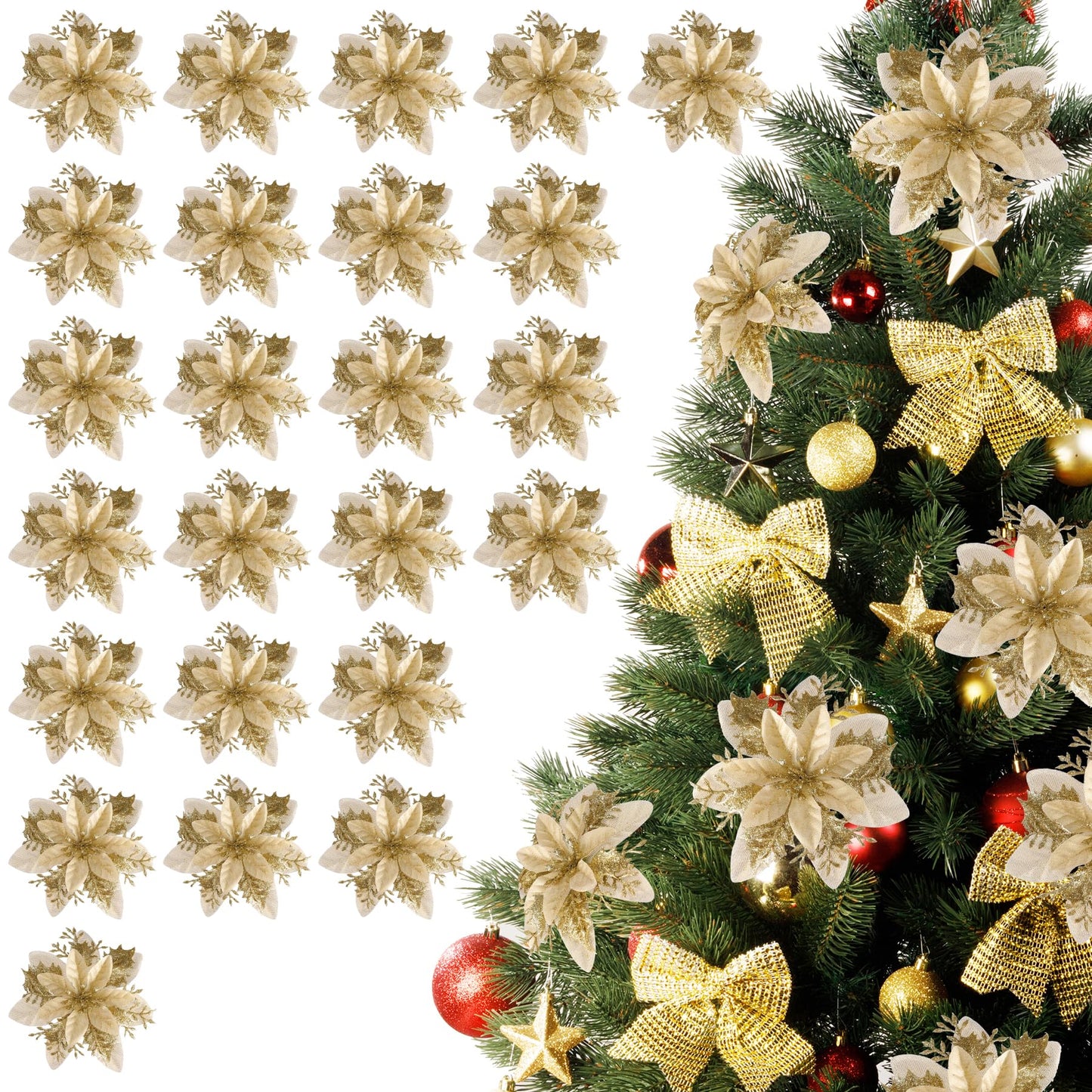 Kisflower 24PCS Poinsettia Artificial Flowers Gold Christmas Flower Decorations with Clips and Stems, Glitter Christmas Tree Ornaments for Xmas New Year Wedding Party (Gold)
