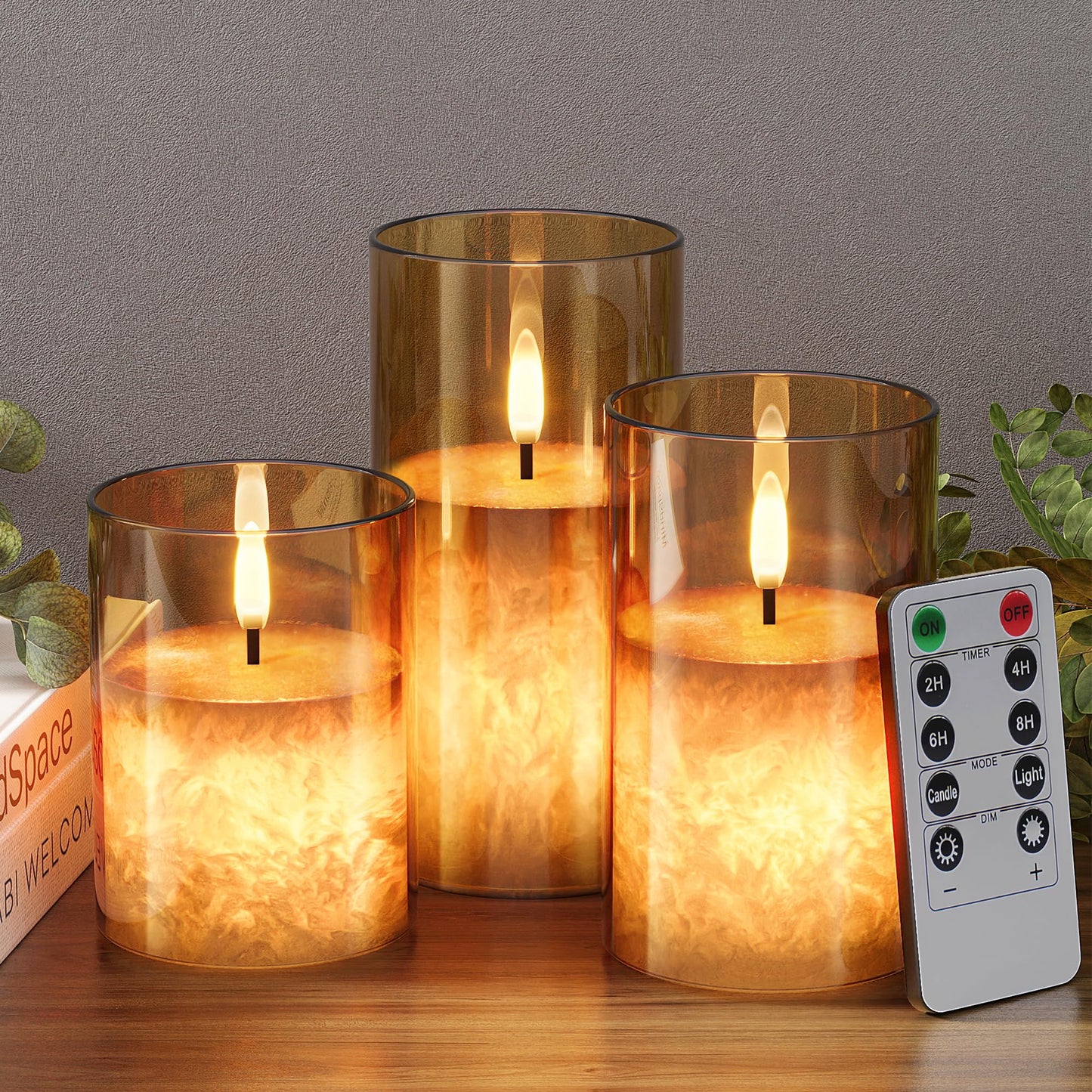 VIODAIM Ice Crystal Real Wax Glass Flameless Candles with Remote & Timer, Battery Operated Candles with Warm Flickering Flame, Realistic LED Candle for Wedding Home Decor [D3×H4/5"/6"] Gold, 3Pack