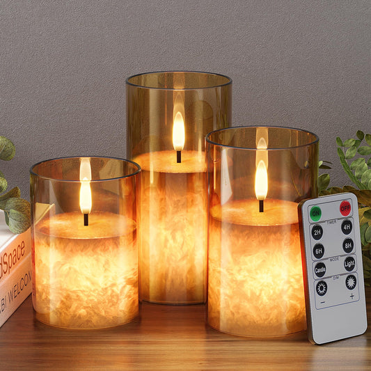 VIODAIM Ice Crystal Real Wax Glass Flameless Candles with Remote & Timer, Battery Operated Candles with Warm Flickering Flame, Realistic LED Candle for Wedding Home Decor [D3×H4/5"/6"] Gold, 3Pack