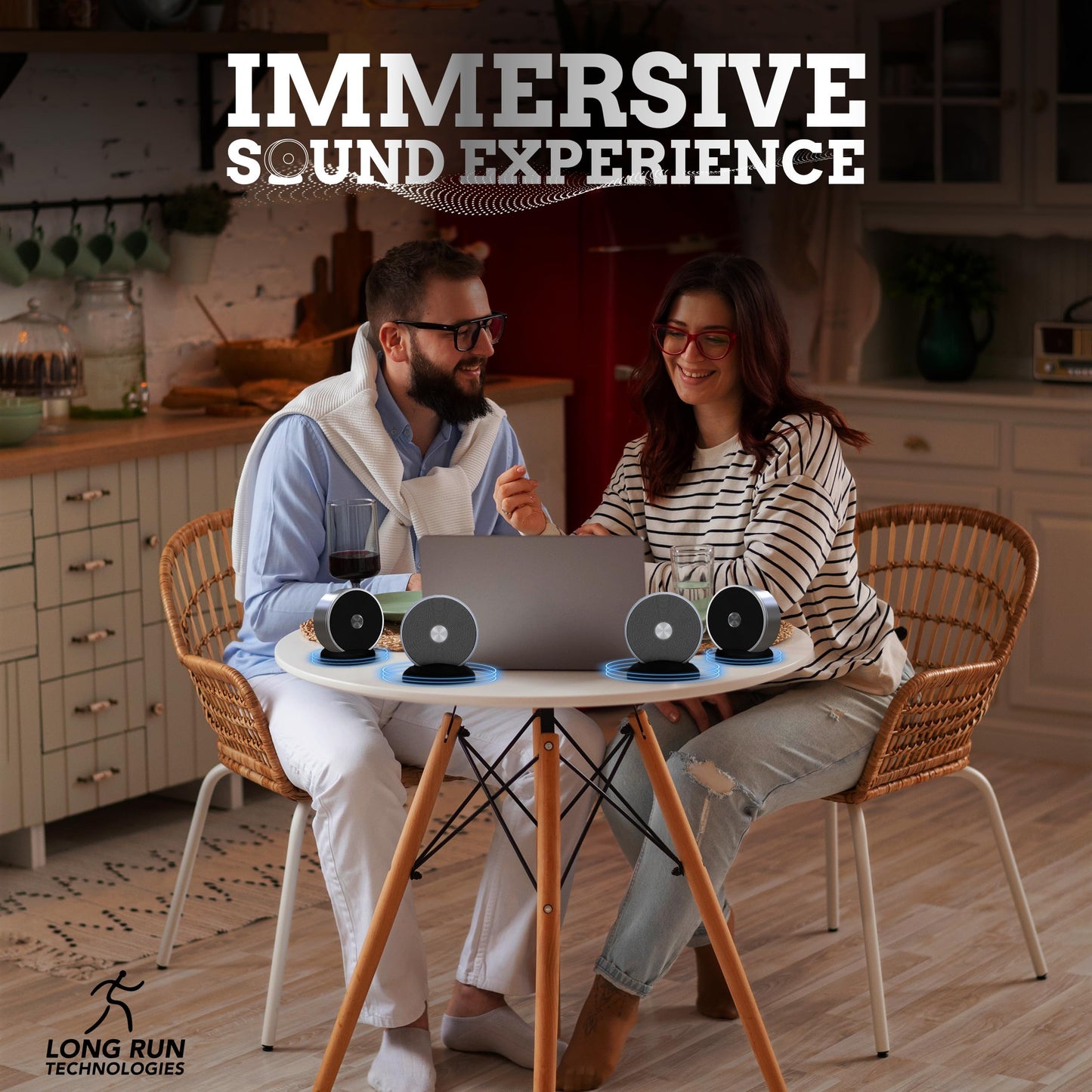 Bluetooth Speaker Set: Wireless Stereo Dual Pairing Portable Twin TWS System With Big Rich Bass Hi-Fi Multi-Room Indoor Outdoor Use Home Deck Pool Work Travel Party Camping Gift Decor Idea (Chrome)