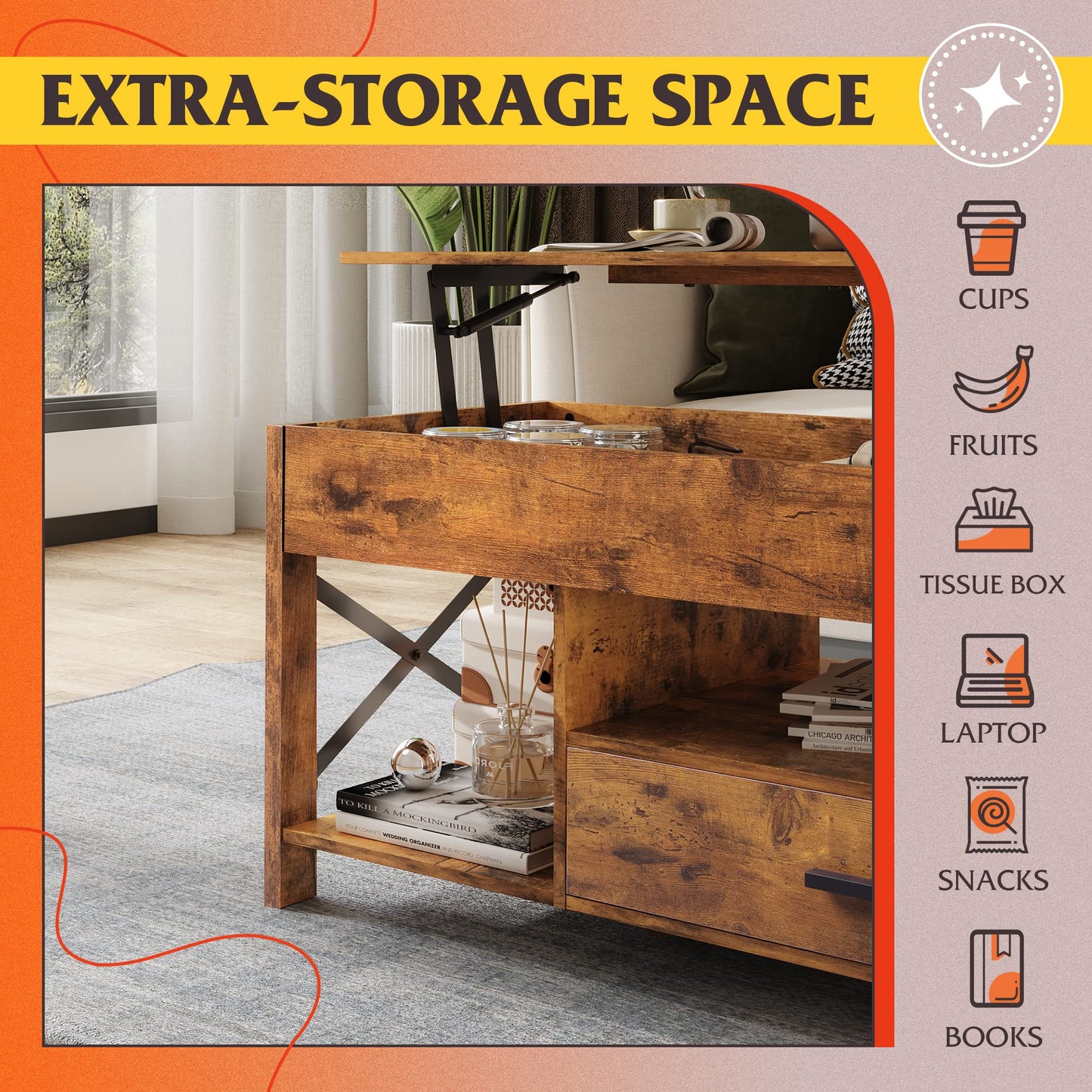 WLIVE Coffee Table, 39" Lift Top Coffee Table with Hidden Compartment, Storage Drawers and Storage Shelf for Living Room, Reception Room, Rustic Brown