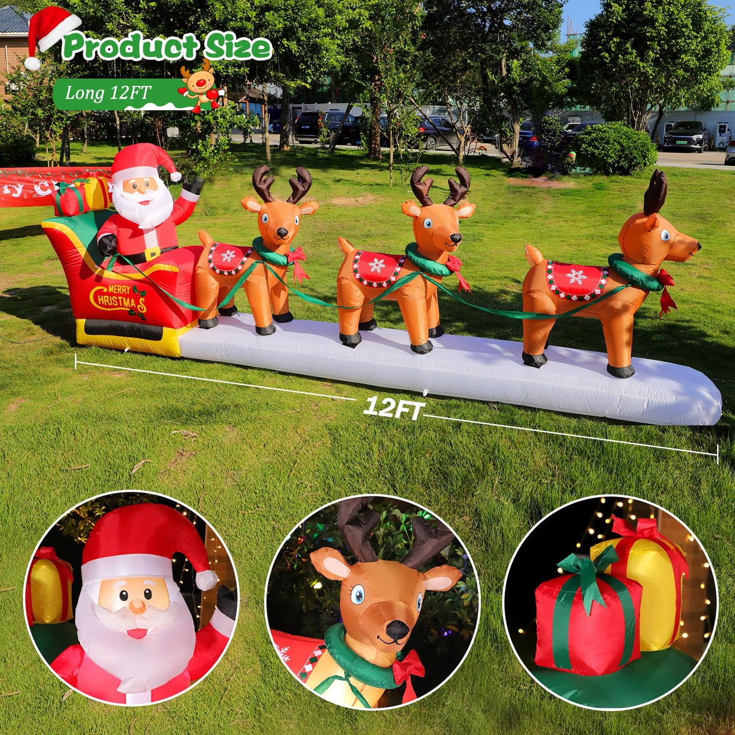 12FT Long Christmas Inflatables Santa Claus on Sleigh with 3 Reindeer Yard Decoration, Cute Blow Up Santa Xmas Decor with Bright LED Lights for Outdoor Garden Lawn Home Holiday Party