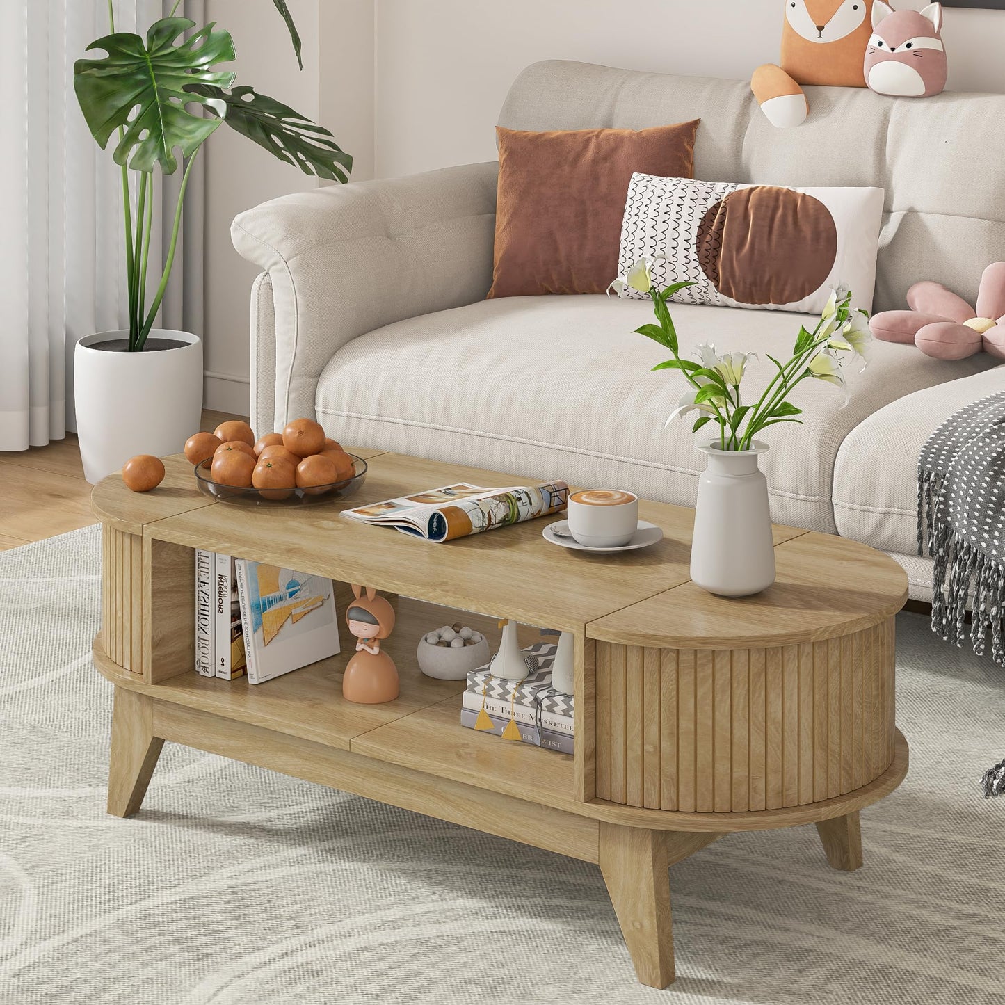 Coffee Table with 2 Hidden Storage,Mid Century Modern Coffee Table with Fluted Finish,Wood Center Tables Oval Coffee Tables with Flip-Top Lids for Living Room Home Office (Oak)