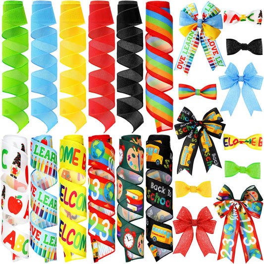 Chunful 12 Rolls Back to School Wired Edge Ribbon 2" x 5 Yards Crayon School Bus Burlap Ribbon Crafts Fabric Decorative for Gift Wrapping Hair Bow Sewing Wreath Supplies
