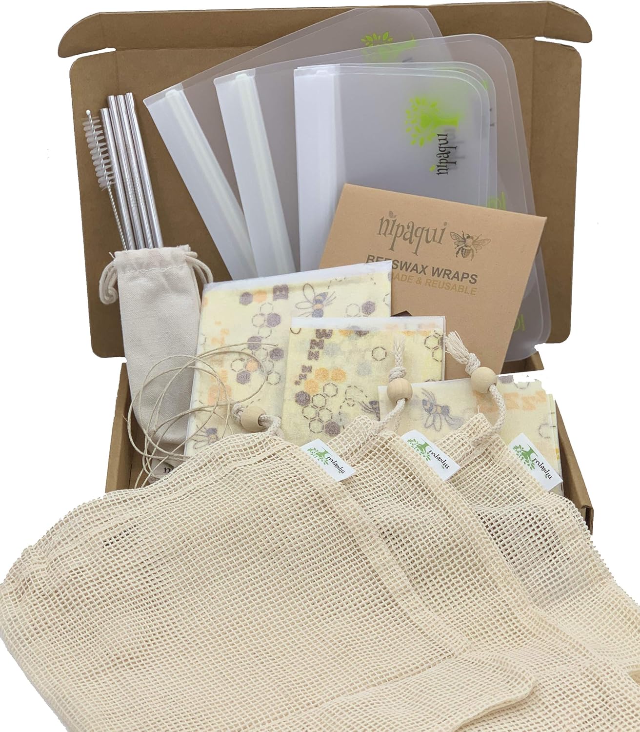 17 PCS Zero Waste ECO Friendly Gift: Reusable Food Storage Bags, Beeswax Wrap, Mesh Bags, Straws. Gift for Women and Men