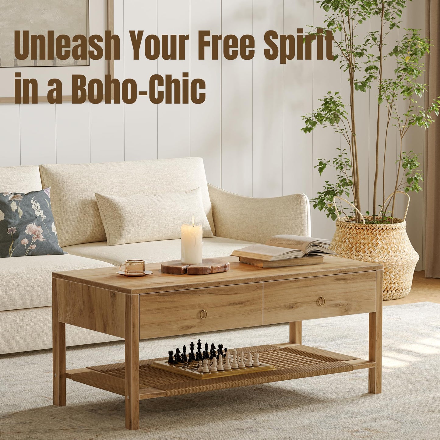 Dowinx Boho Coffee Table with Storage, 42" Wood Coffee Table for Living Room, 2 Storage Drawers and Open Rattan Shelf, Rectangular Living Room Coffee Tables Oak