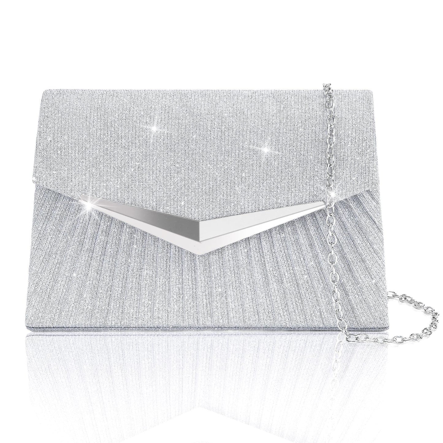 Larcenciel Women's Evening Handbags, Sparkly Pleated Silver Evening Purse with Metal Chain, Elegant Sequins Clutch Purses For Wedding Guest Formal Cocktail Prom Party Disco Club, 8.3x2.1x5.3inches