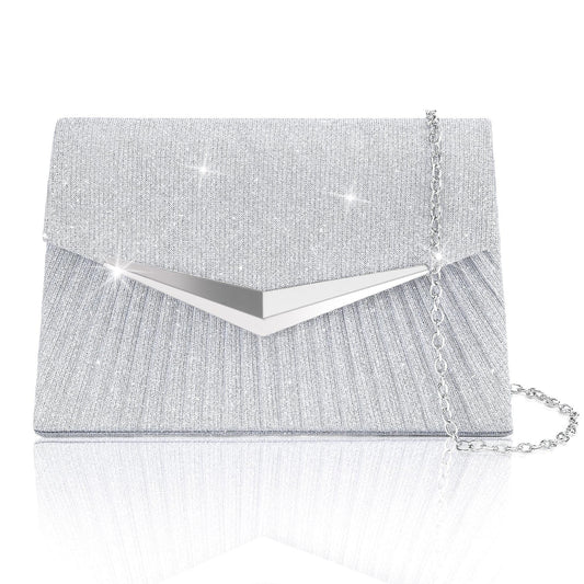 Larcenciel Women's Evening Handbags, Sparkly Pleated Silver Evening Purse with Metal Chain, Elegant Sequins Clutch Purses For Wedding Guest Formal Cocktail Prom Party Disco Club, 8.3x2.1x5.3inches