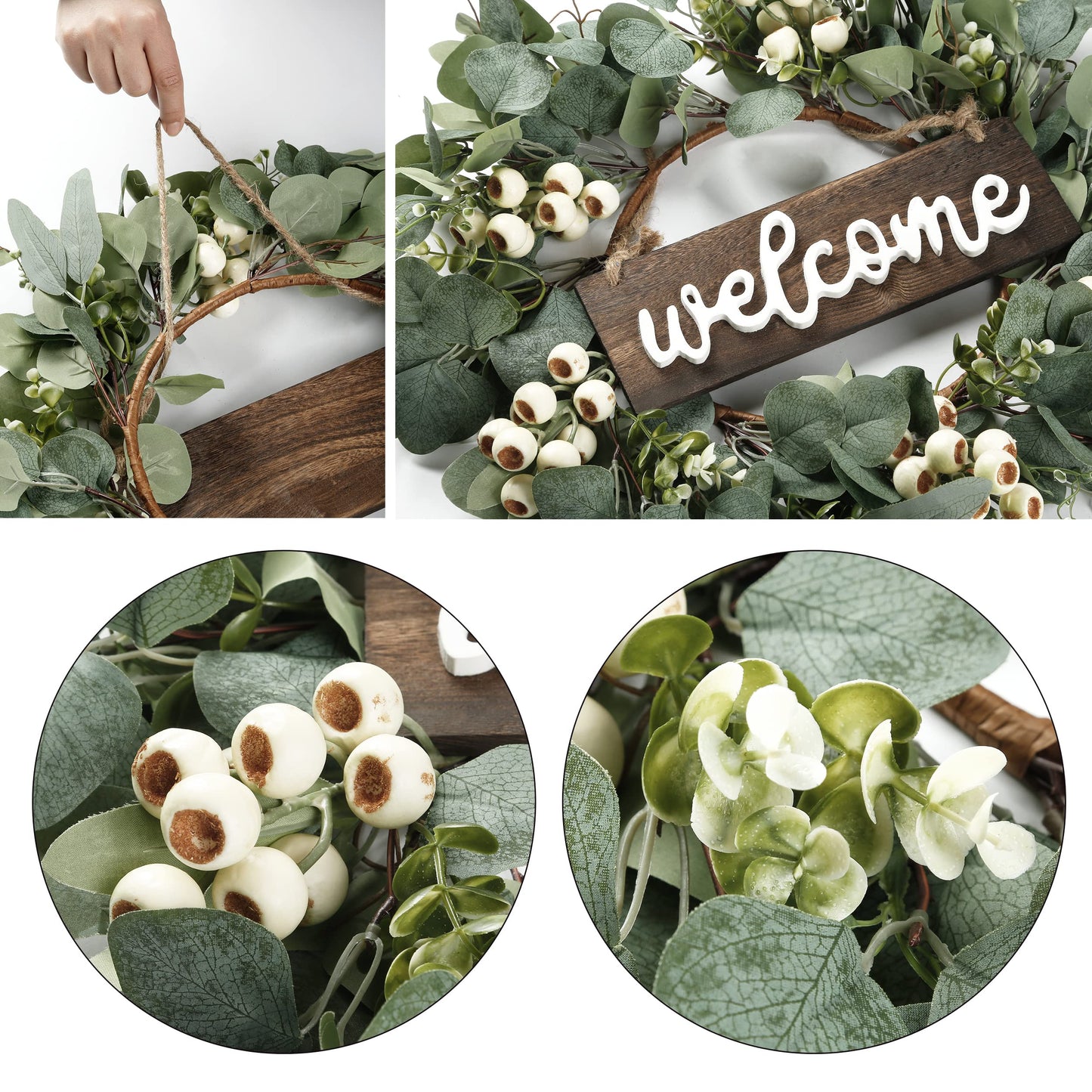 Sggvecsy Green Artificial Eucalyptus Wreath with Welcome Sign 20in Spring Summer Wreath with White Berries for Front Door Wall Window Festival Porch Farmhouse Patio Garden Decor