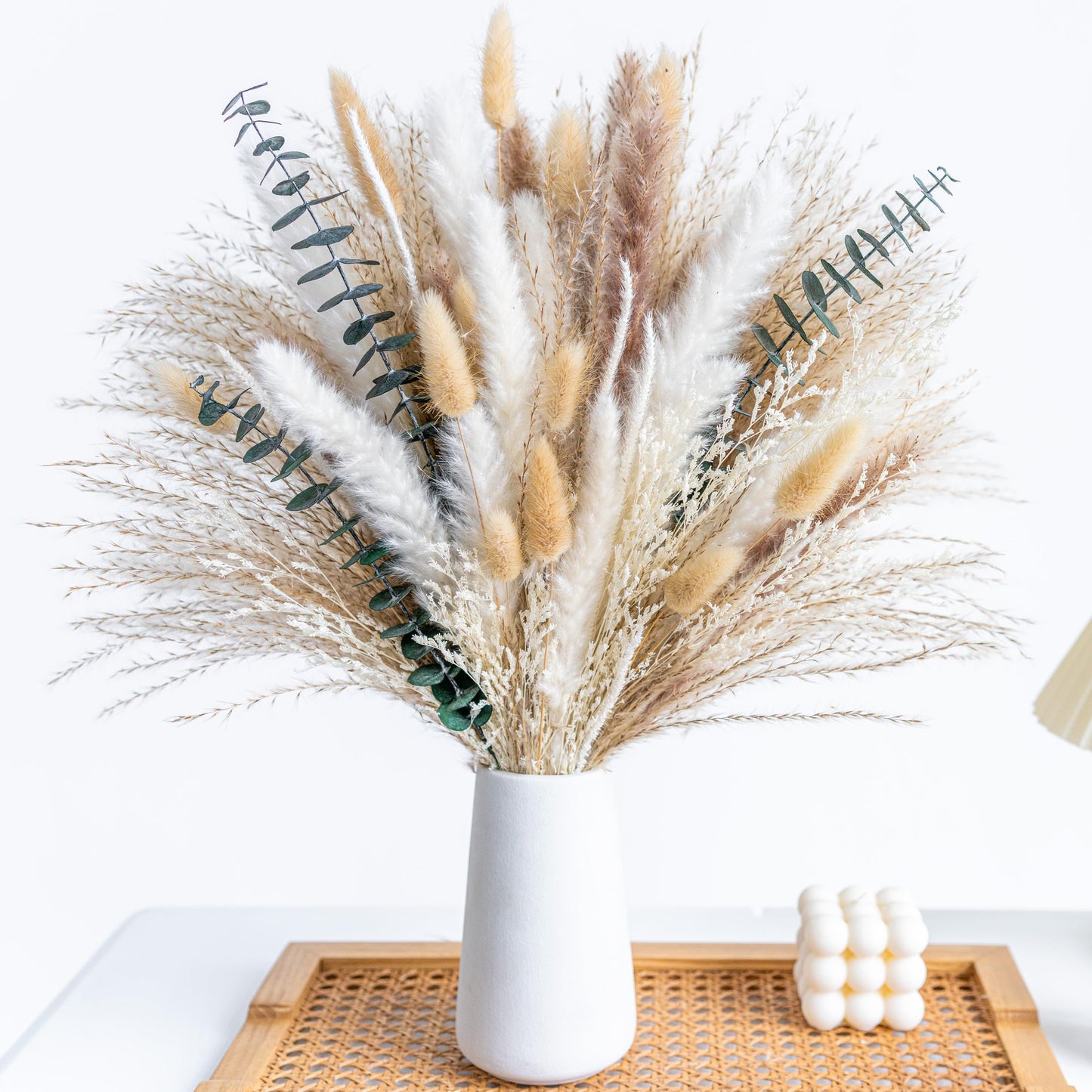 WILD AUTUMN Pampas Grass Decor Natural Dried Pampas Boho Home Decor Bouquet Dried Flowers Eucalyptus Bouquet for Wedding Floral Arrangements Table Decor Rustic Farmhouse (White&Green)