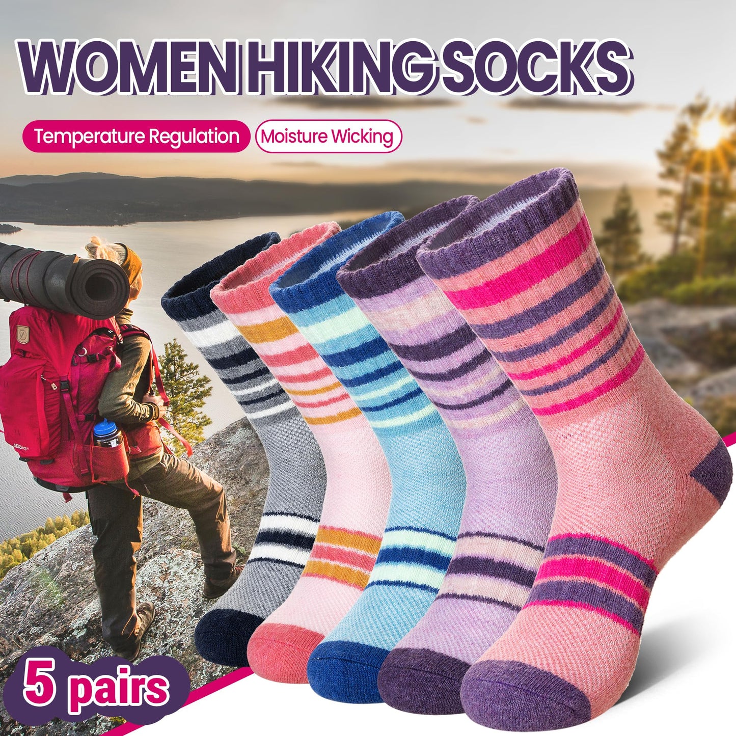 DoSmart Merino Wool Hiking Socks for Women Thermal Winter Warm Moisture Wicking Boot Work Cushion Gift Socks 5 Pairs(Stripe A,Medium)