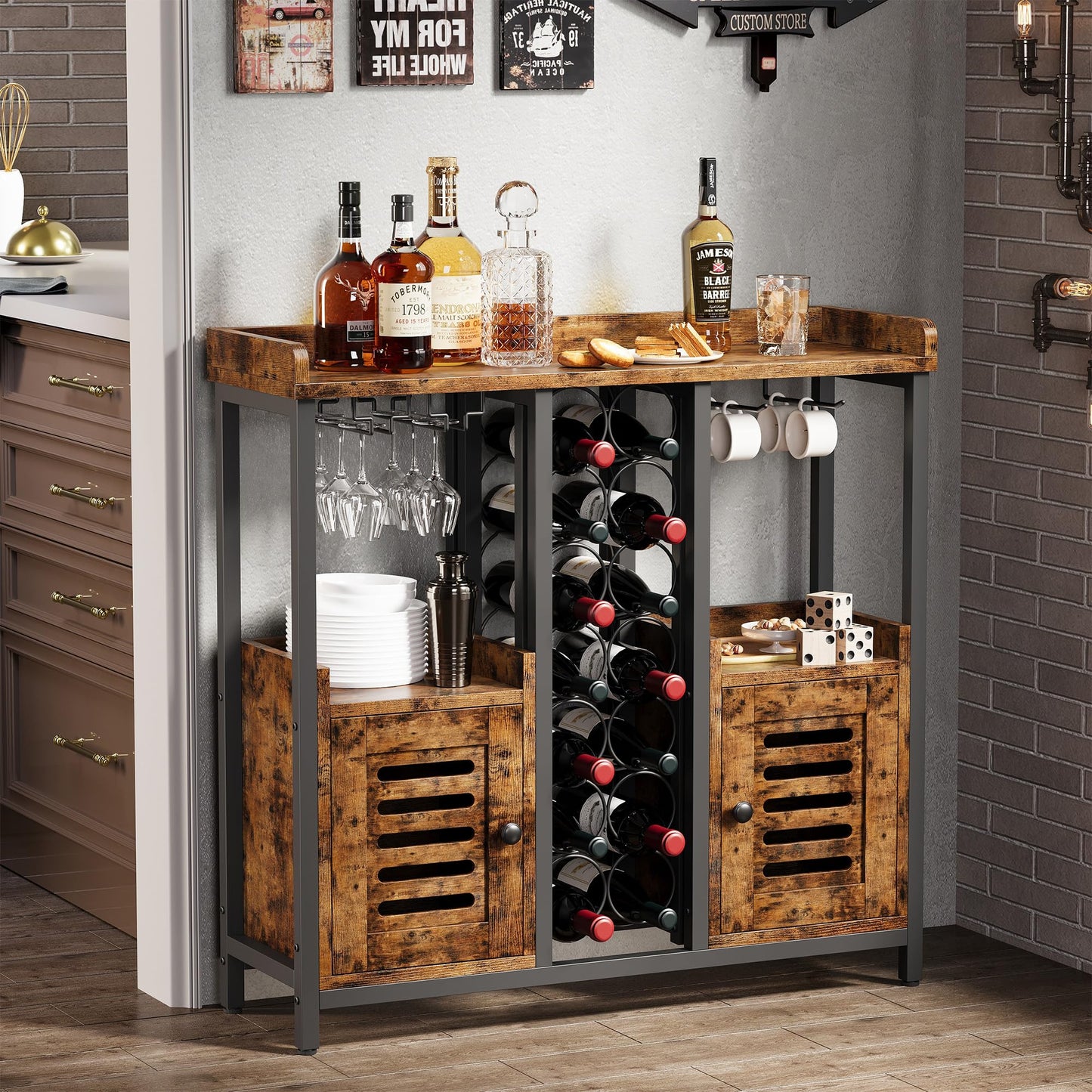 IRONCK Wine Bar Cabinet, Liquor Cabinet Bar with Storage, Small Bar Cabinet with Wine Glass Holder, Industrial Coffee Bar for Home, Kitchen, Dining Room