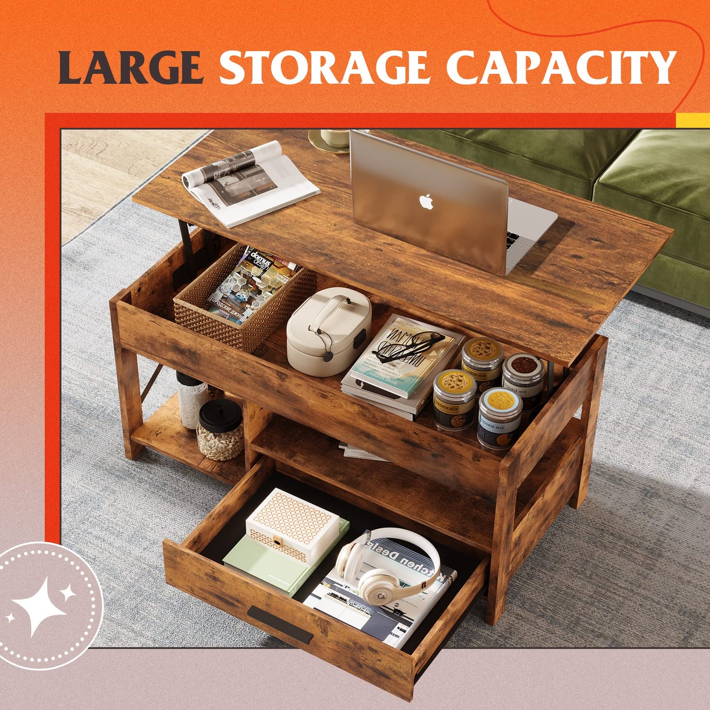 WLIVE Coffee Table, 39" Lift Top Coffee Table with Hidden Compartment, Storage Drawers and Storage Shelf for Living Room, Reception Room, Rustic Brown