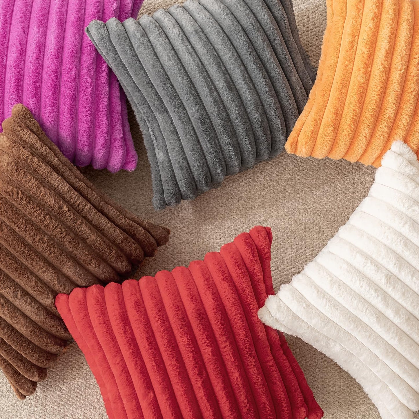 MOSAYT Faux Fur Throw Pillow Covers 18x18, Set of 2, Plush Velvet Soft Pillow Case,Fluffy Striped Decorative Couch Pillow Covers for Sofa, Bedroom, Living Room(White)