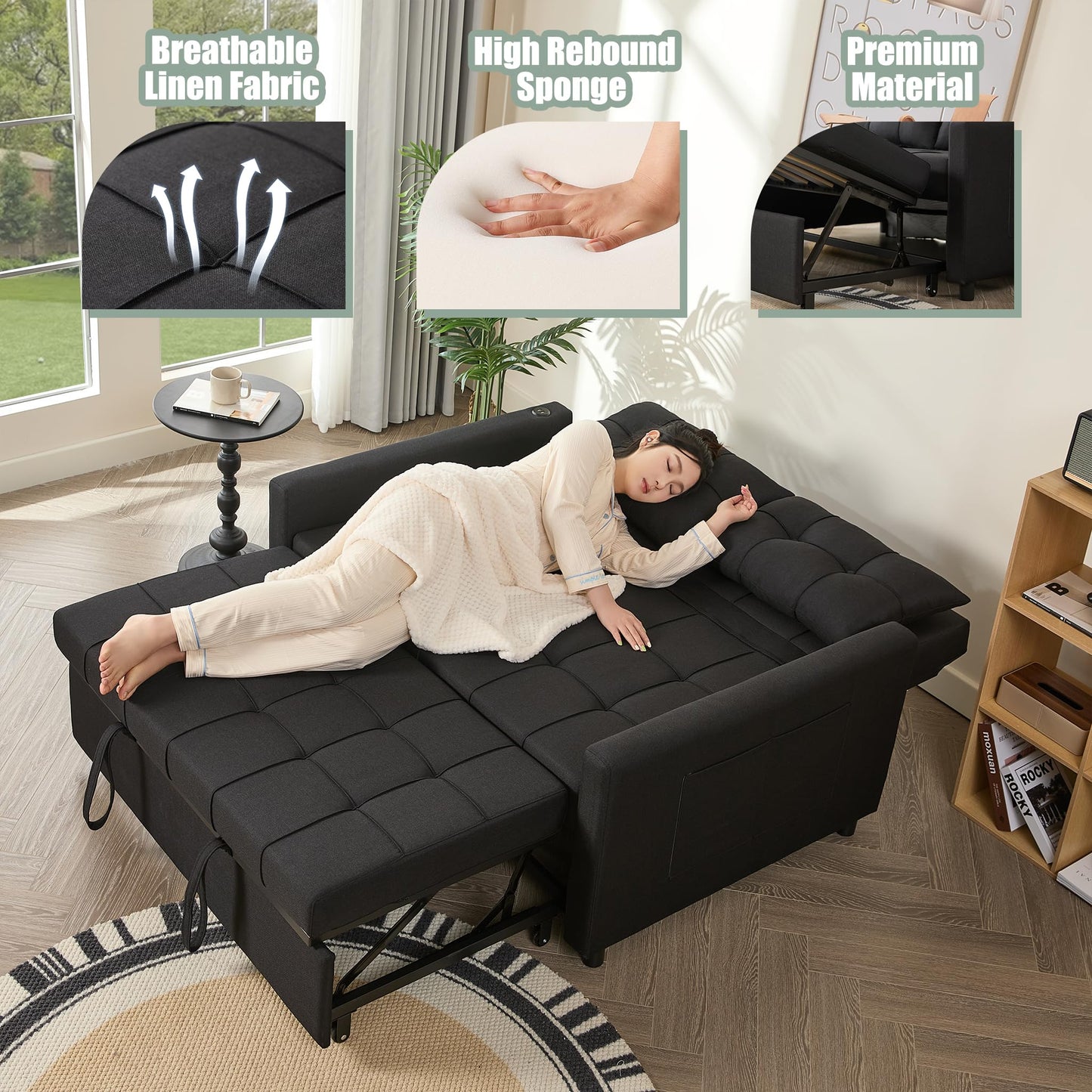 GOSUHI 52" Sleeper Sofa with Pull-Out Bed, 3-in-1 Convertible Sofa Bed, Loveseat with Stepless Adjustable Backrest and Side Pocket, for Living Room Dorm Apartment, Linen, Black