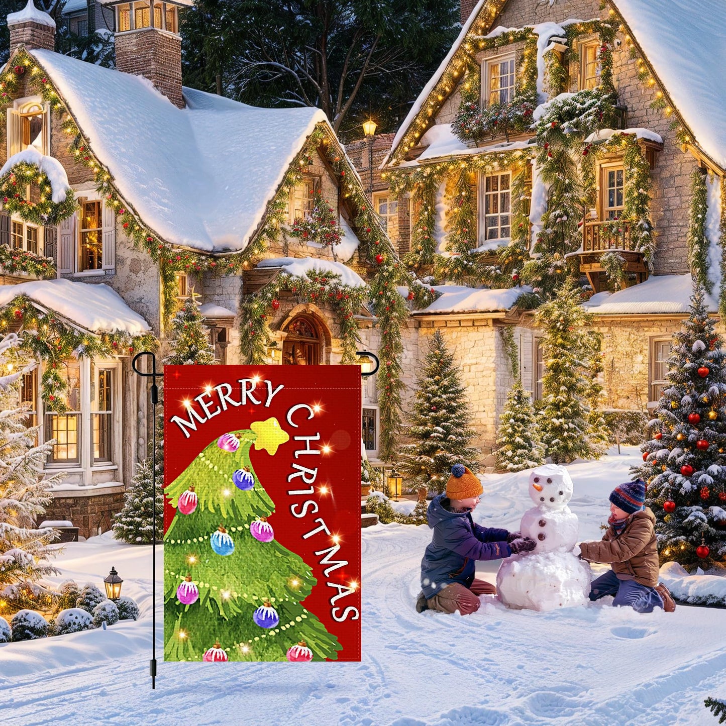 3Pcs Winter Garden Flag Lighted Decorations Welcome Winter Snowman Garden Flag Sign with LED Double Sided Happy New Year 2025 Merry Christmas Lawn Flag Decor for Outdoor Holiday Favor Gifts Supplies