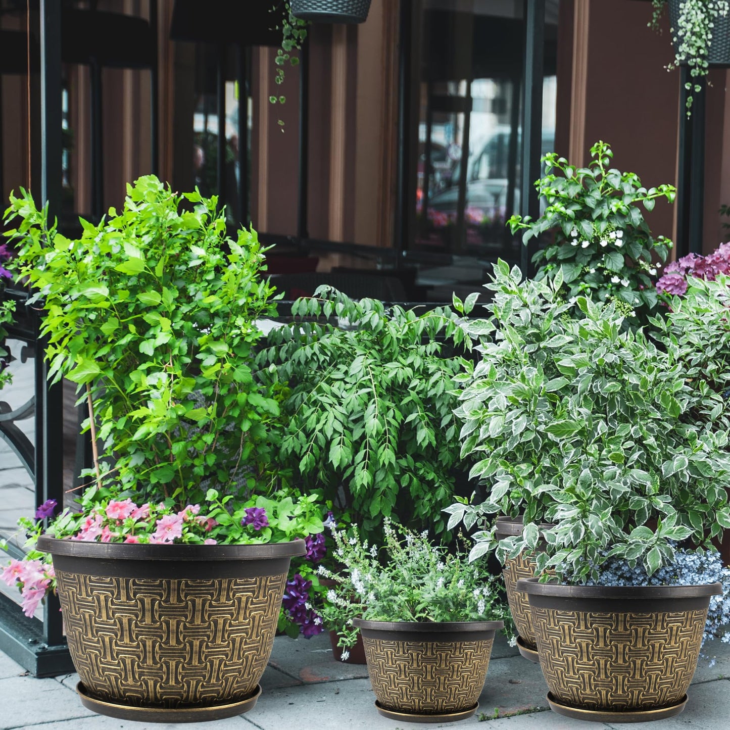 Nooulap 4 Pack 12 Inch Plant Pots,Large-Plant-Flower-Planters-Plastic, Flower Pots Outdoor Indoor with Drainage Holes & Trays, Retro Antique Imitation Decorative Garden Sets for Houseplants