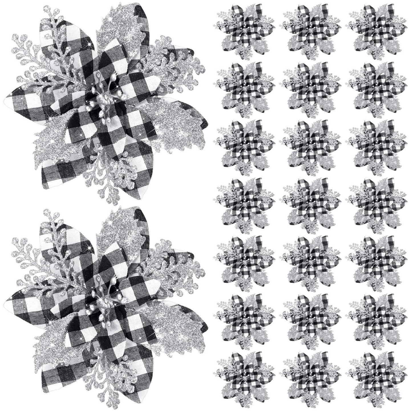 Canlierr 5.7 Inch Artificial Poinsettias Christmas Glitter Flowers with Clips Xmas Tree Flower Ornament Poinsettias Decor (Black and White Buffalo with Silver Petals,24 Pieces)