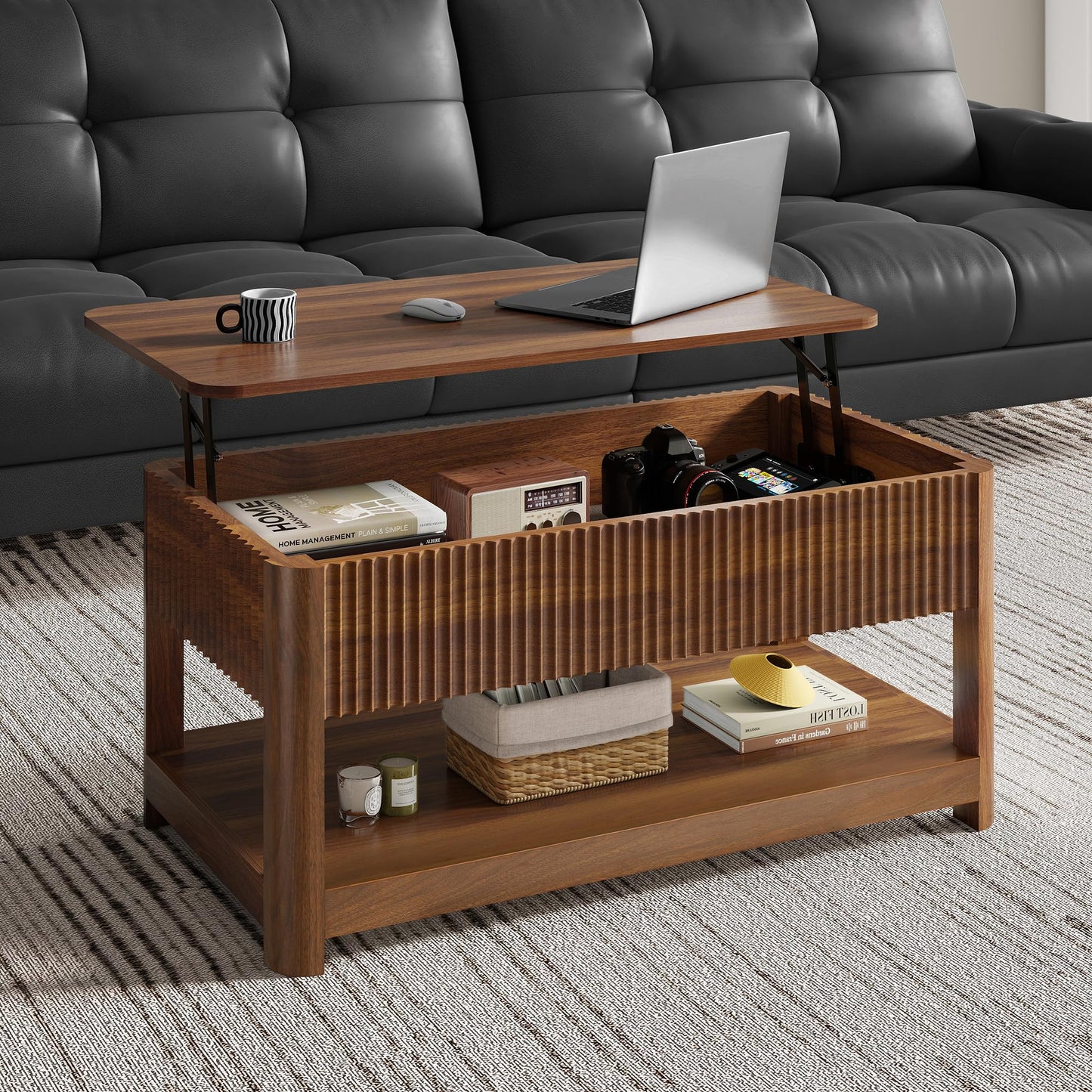 Nasonet Lift Top Coffee Table with Storage, Mid Century Modern Coffee Table with Hidden Compartment, Fluted Wood Center Table for Small Space, Living Room, Home Office(Walnut)