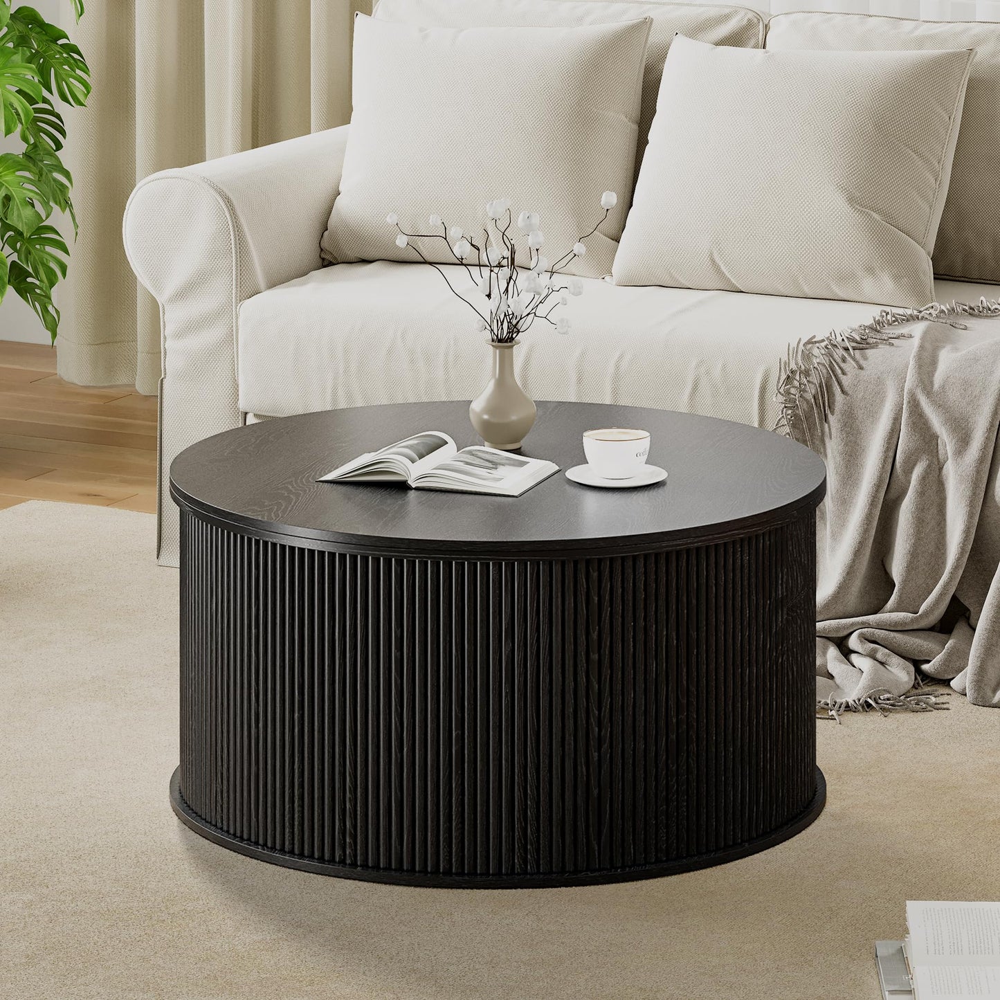 NVETHM Round Coffee Table, Lift Top Coffee Table with Storage, Farmhouse Fluted Center Table Circle Dining Table for Living Room, Reception Room, Home Office (Black)