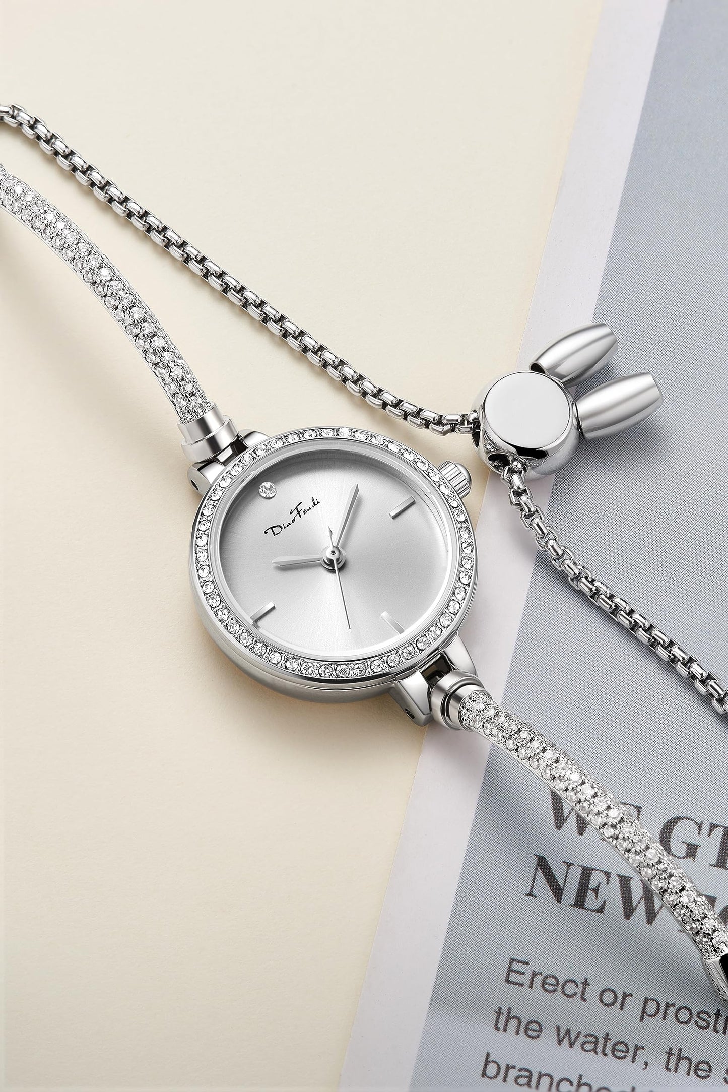 Petite Bracelet Watch for Women, Gifts for Girlfriend Diamond Dress Analog Watch Waterproof Silver Bracelet (Round - Silver Black)