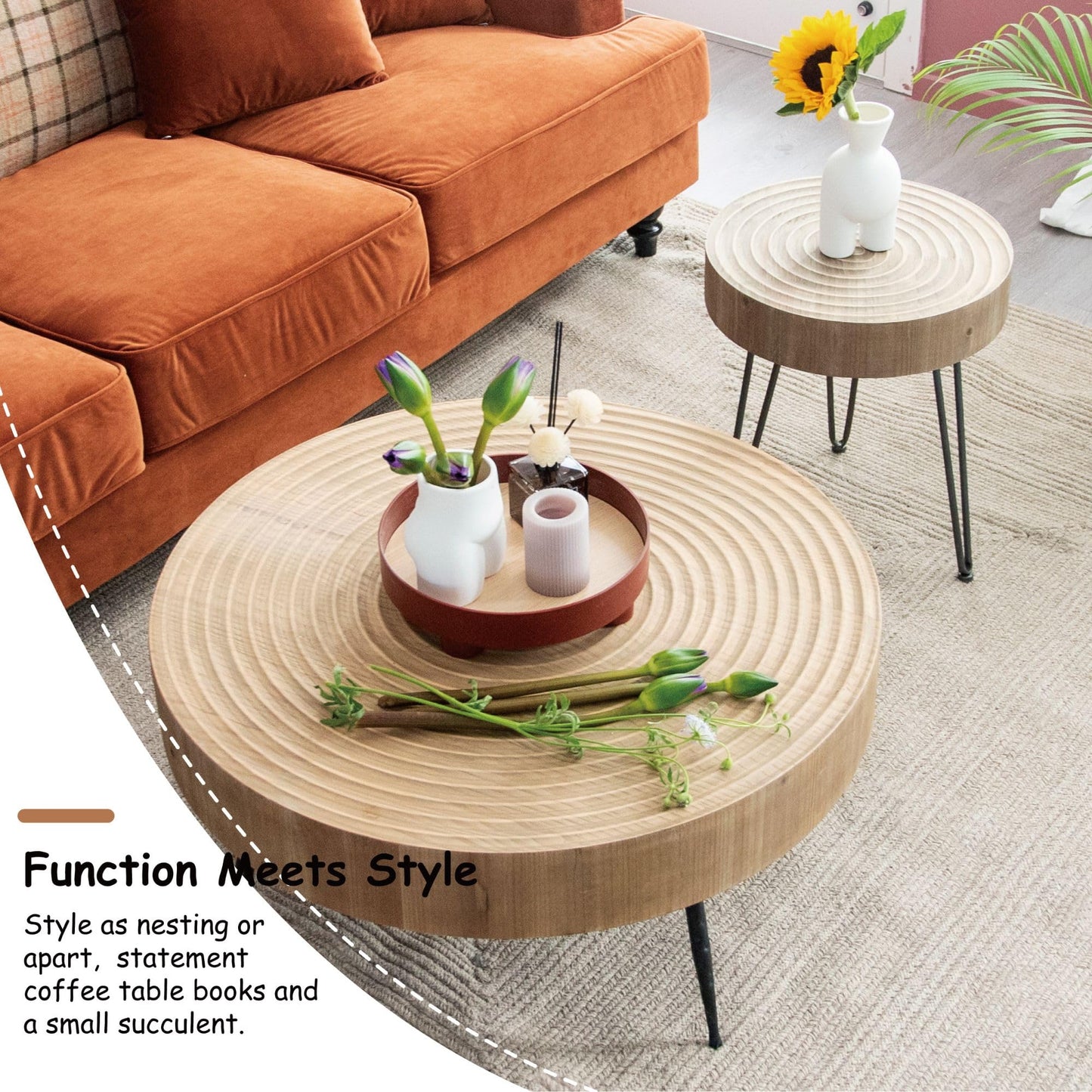 2-Piece Modern Farmhouse Living Room Coffee Table Set, Nesting Table Round Natural Finish with Handcrafted Wood Ring Pattern