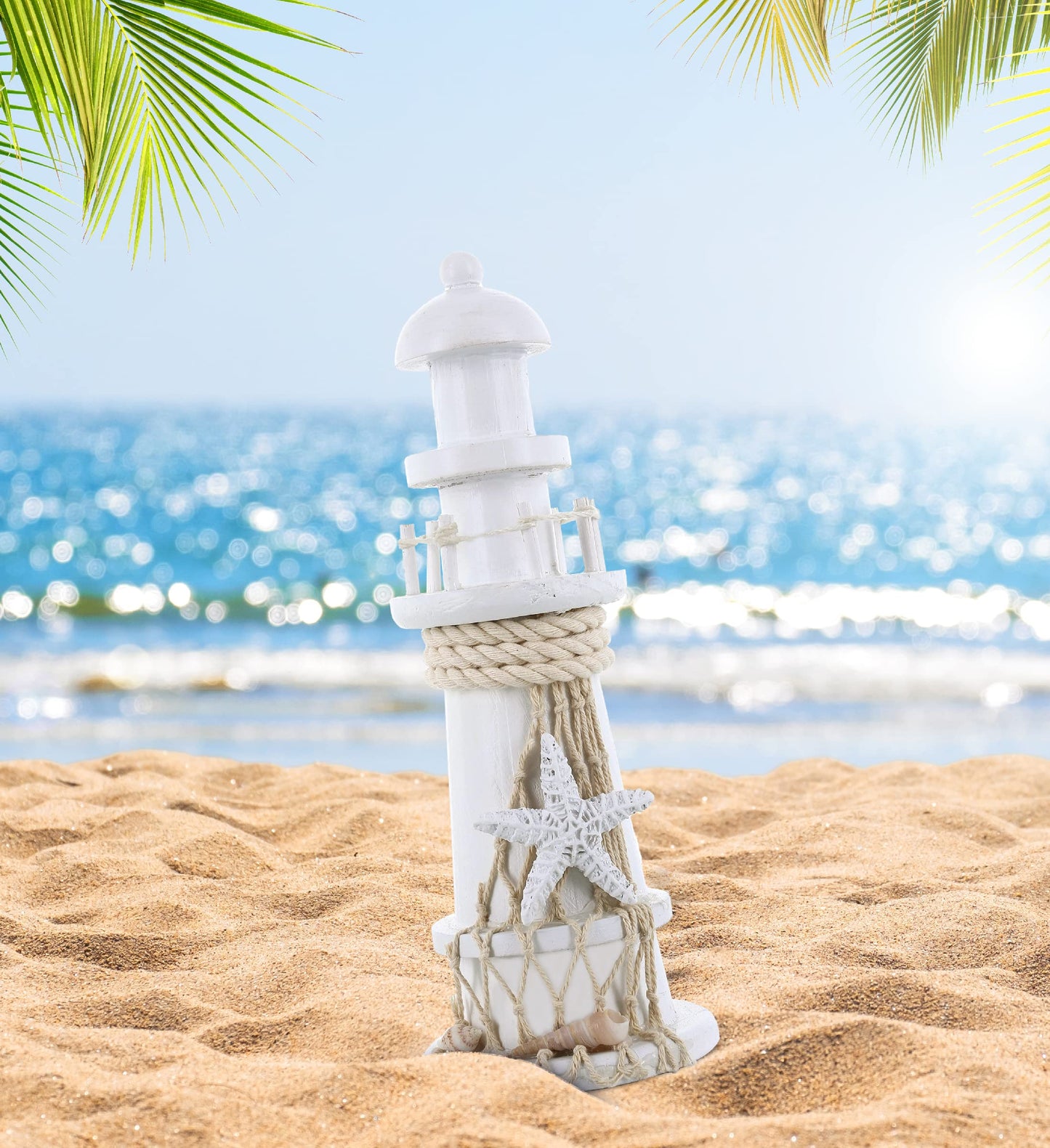 Puzzled COTA Global White Lighthouse Decor - Handmade and Crafted Wooden Lighthouse Decoration with Starfish, Decorative Tabletop Centerpiece Home Decor - 8.75 Inches
