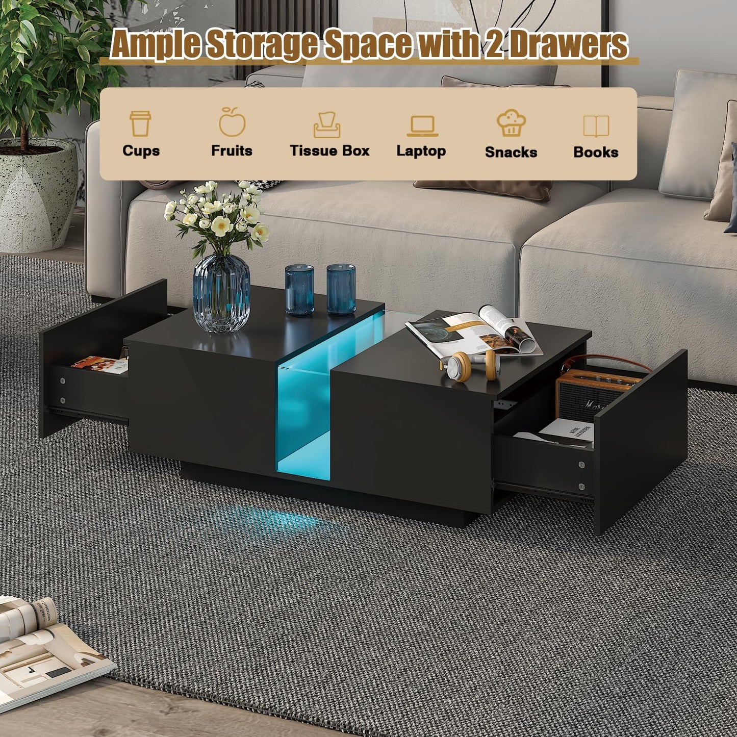 HedoAjim Black Led Coffee Table for Living Room, Rectangular Living Room Table with Storage, Acrylic Coffee Tables with 2 Sliding Drawers, Wood Center Table for Reception Dinning Room