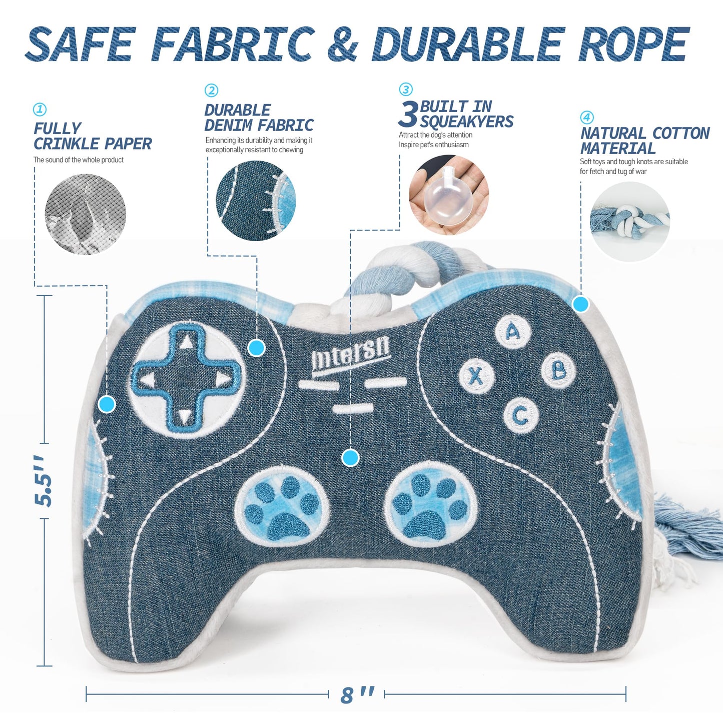 MTERSN Dog Squeaky Toys : Cute Plush Dog Toy with 3 Squeakers and Interactive Dogs Rope Toy with Full Crinkle Paper - Funny Game Controller Shaped Pet Toys for Puppy, Small, Medium Dogs (Denim)