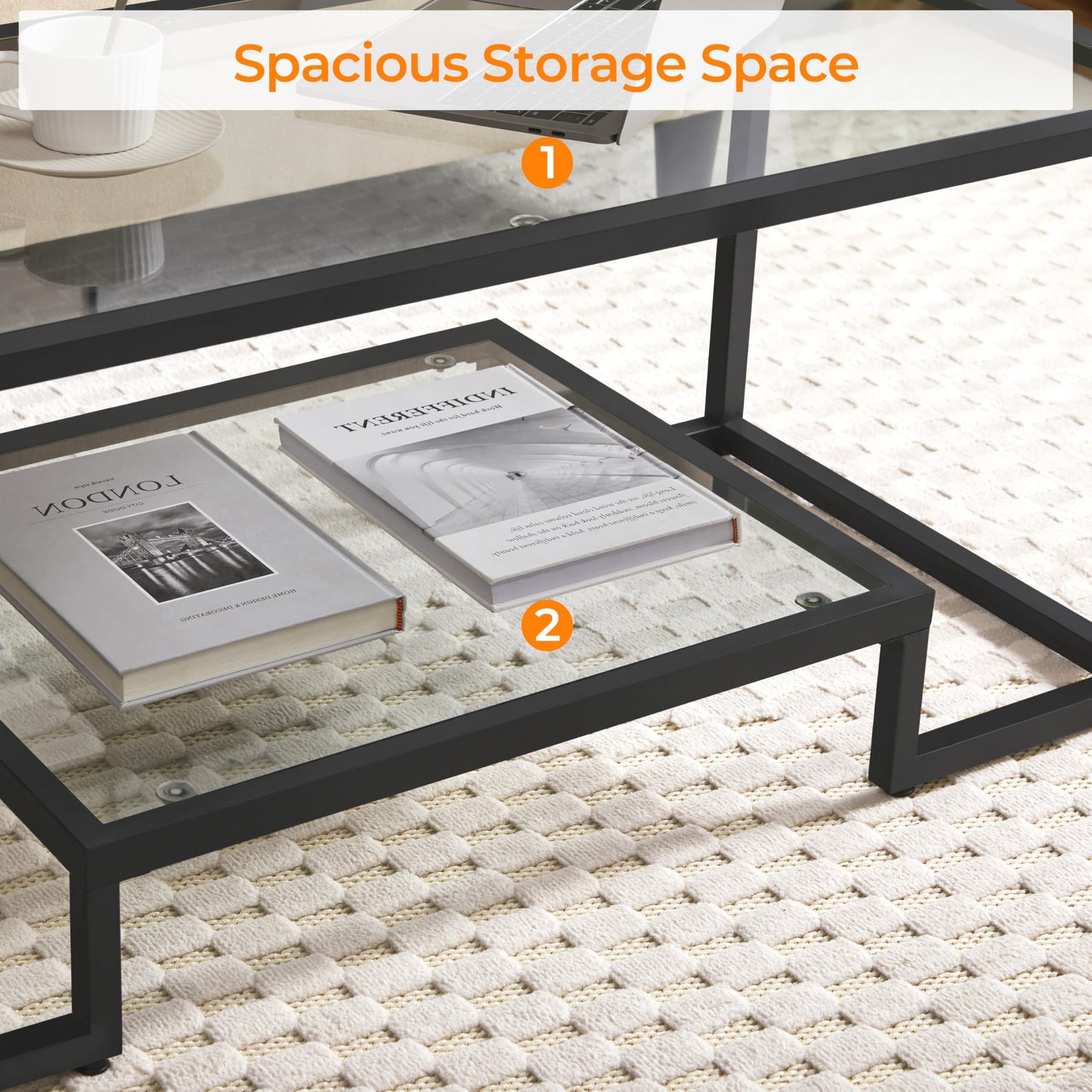 Yaheetech Coffee Table, Tempered Glass Coffee Table, Modern Simple Center Tables w/Geometric-Inspired Design & Metal-Frame & Easy Assembly & Open Storage Shelf for Living Room, Office, Black