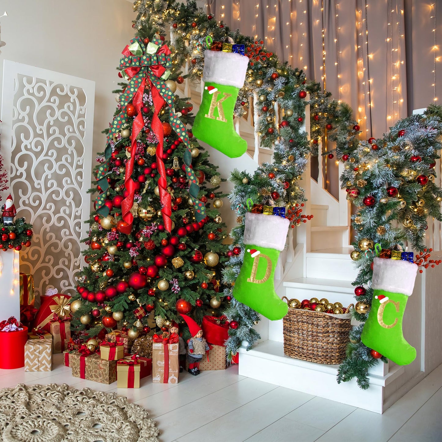 20 Inches Monogram Christmas Stockings with Letters, Large Super Soft Christmas Stockings Green Velvet with White Super Soft Plush Cuff for Christmas Xmas Tree Holiday Fireplace Green