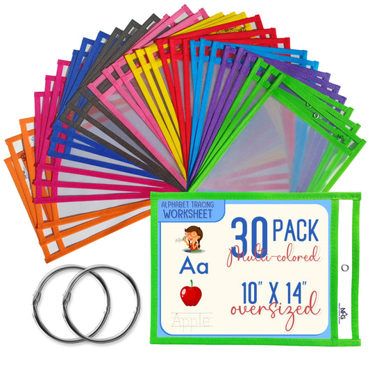 60 Packs Oversized Dry Erase Pockets Sleeves Reusable - 10x14 Dry Erase Sheets Ticket Holders 10 Assorted Colors with 4 Rings, Clear Pocket Sleeves for Classroom Organization, Teaching School Supplies