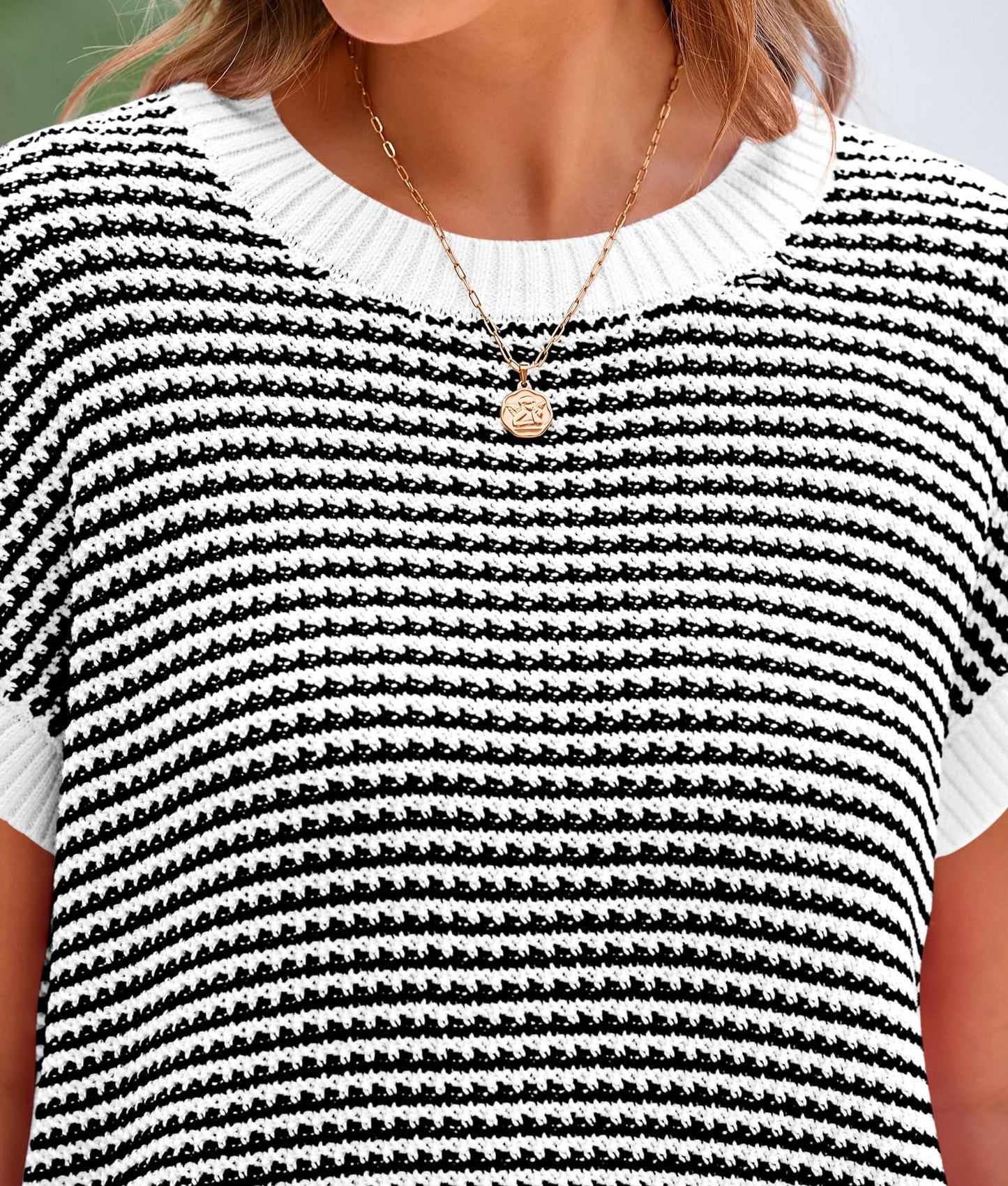 PRETTYGARDEN Womens Short Sleeve Sweater Spring Summer 2025 Round Neck Striped Pullover Cap Sleeve Knit Sweater Vest Tops(White,Small)