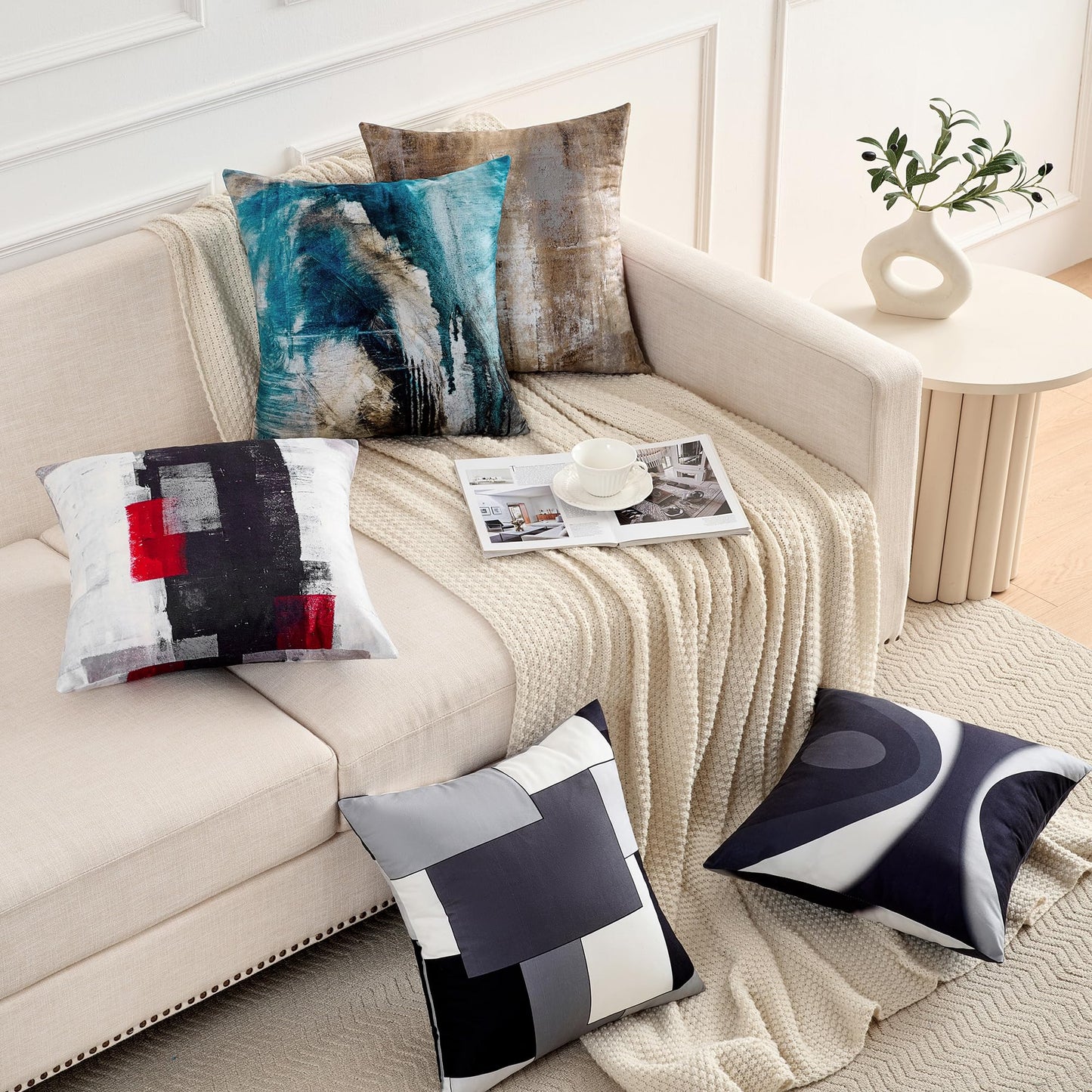 Alricc Decorative Abstract Art Throw Pillow Covers 18x18 (Set of 2) - Modern Oil Painting Textured for Couch, Living Room, Bed - Dark Brown Contemporary Design