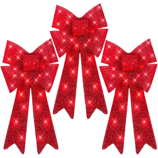 Best Choice Products Set of 3 Bows Pre-Lit Christmas Bow Decoration, Indoor/Outdoor LED Holiday Décor w/ 30 Lights, Outdoor Battery Box, Timer, 8 Light Functions - Red